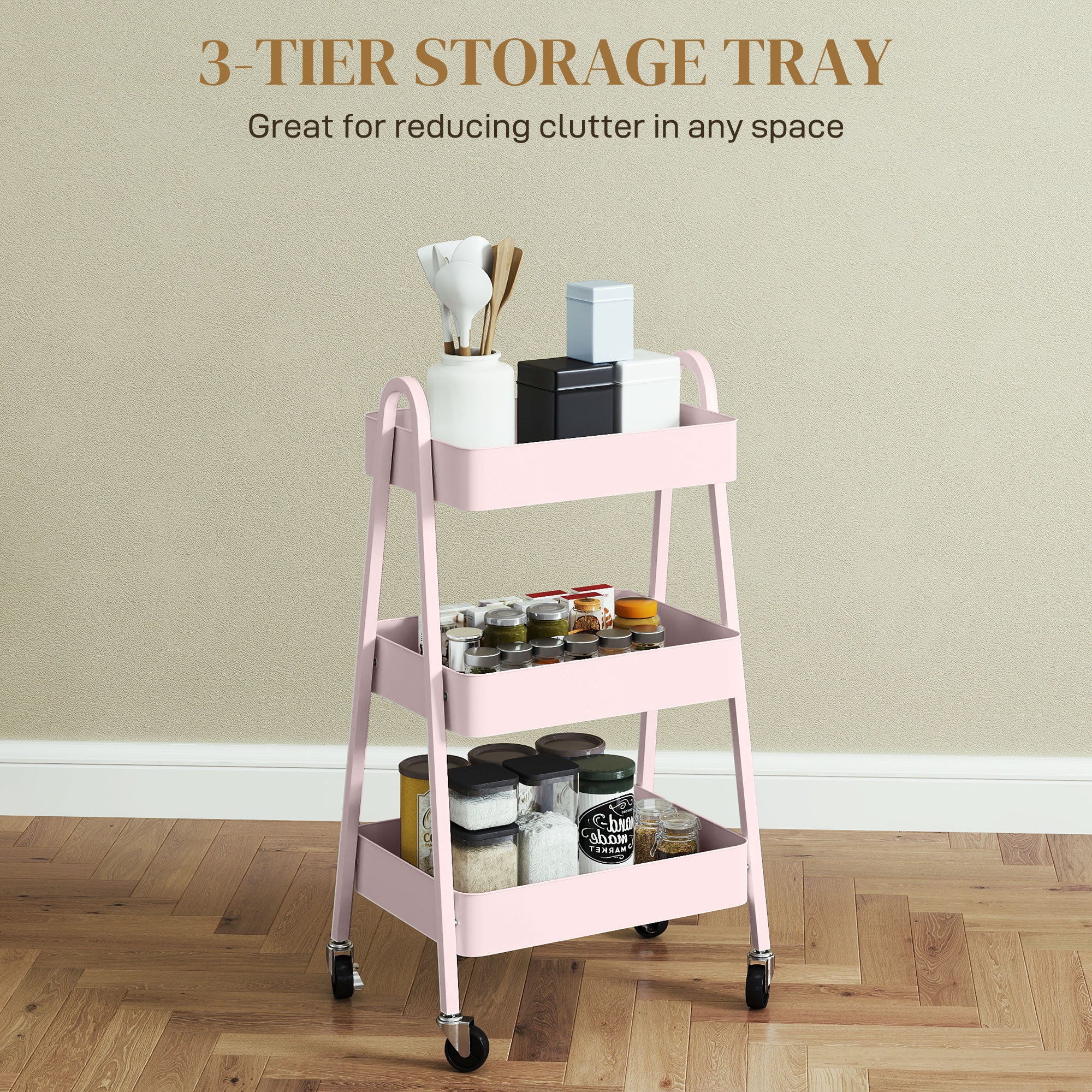 HOMCOM Three-Tier Storage Trolley - Pink