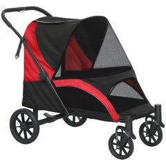 PawHut Foldable Pet Stroller for Large Dogs with Four Big Wheels, Shock-Absorbing Frame, Safety Leashes, Brakes, Red/Black