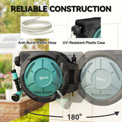 Outsunny Retractable Hose Reel Wall Mounted, 20+2m Garden Hose Pipe Reel with Lock, Auto Rewind, 7 in 1 Spray Nozzle, Includes Wall Fixings, 180° Swivel, Outdoor Watering, 54 x 20 x 39 cm, Black