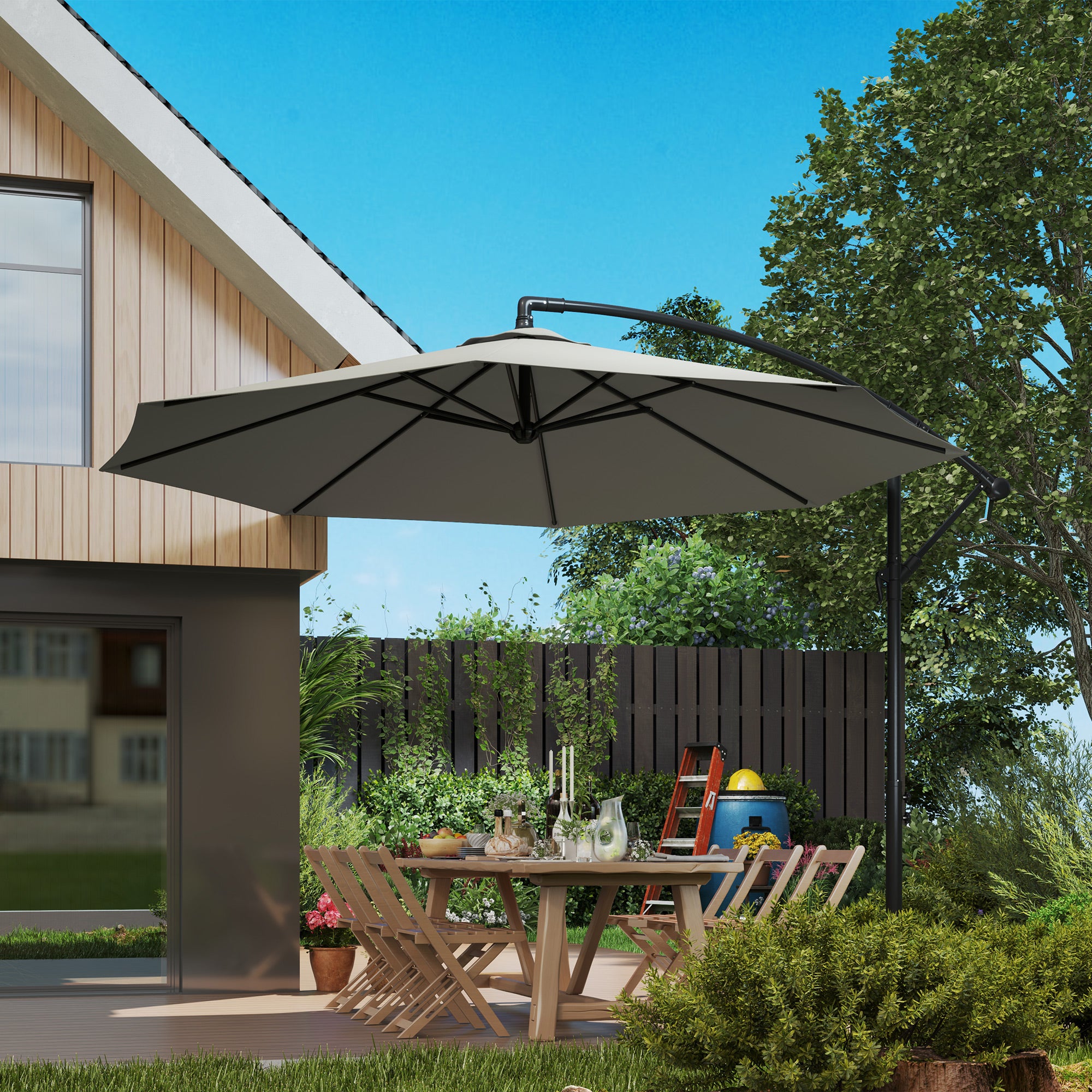 Outsunny 3m Overhanging Cantilever Parasol, with Cross Base - Light Grey