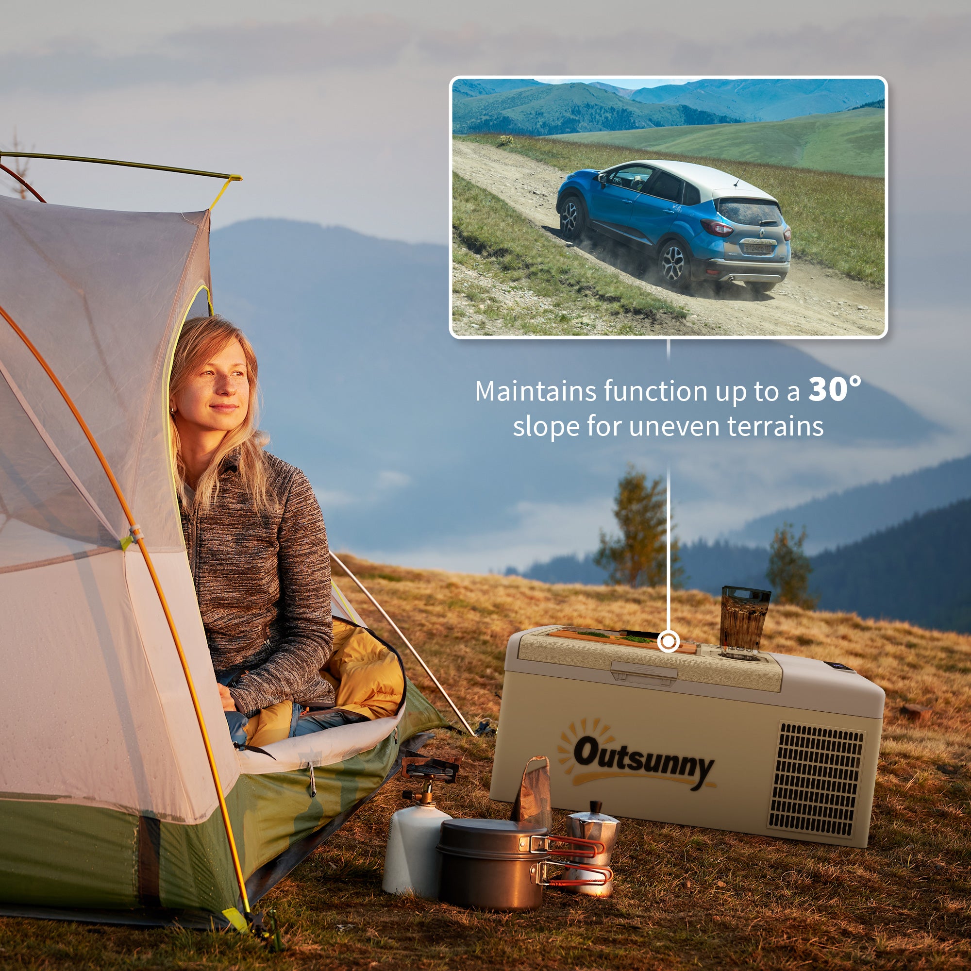 Outsunny 16L Portable Car Fridge, -20√¢‚Äû∆í to 10√¢‚Äû∆í Adjustable Temperature - Khaki/Grey