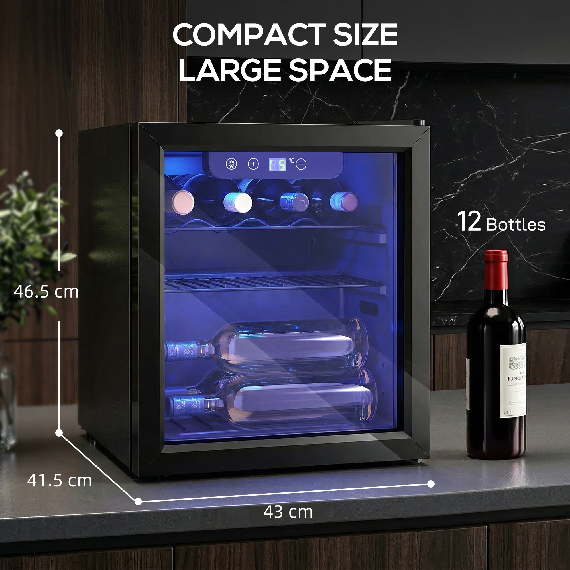HOMCOM 12 Bottle Wine Cooler, 36 Litre Capacity, 4-16Â°C Under Counter Drinks Beer Wine Fridge with Glass Door, LED Light, Black