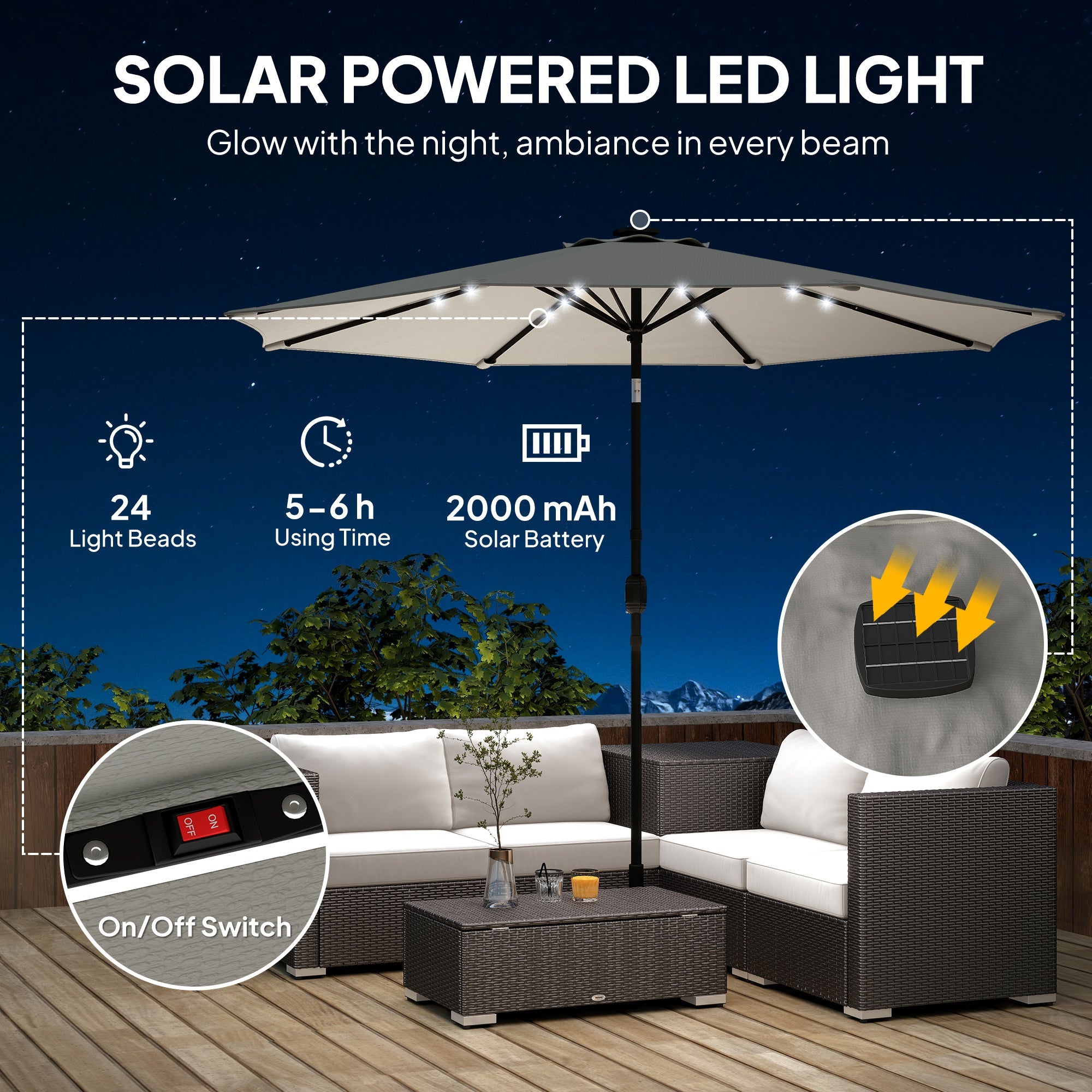 Outsunny 2.6 m Garden Parasol Umbrella with LED Solar Light, Parasol Cover, Outdoor Market Patio Umbrella, Light Grey