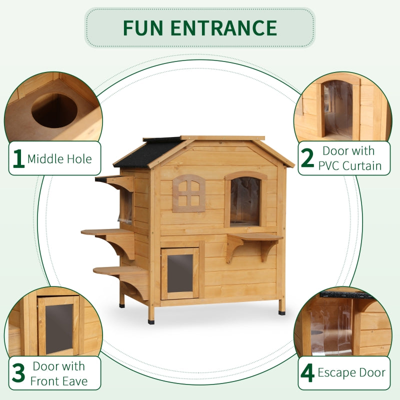 PawHut Wooden Cat House Condos Cat Cave Pet Shelter 2 Floor Villa Outdoor Furniture Natural Wood Finish