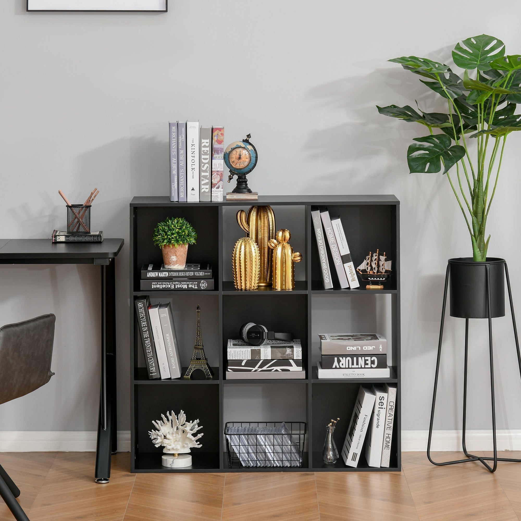 HOMCOM 3-tier 9 Cubes Storage Unit Particle Board Cupboard Bookcase Organiser Home Office Shelves, Black