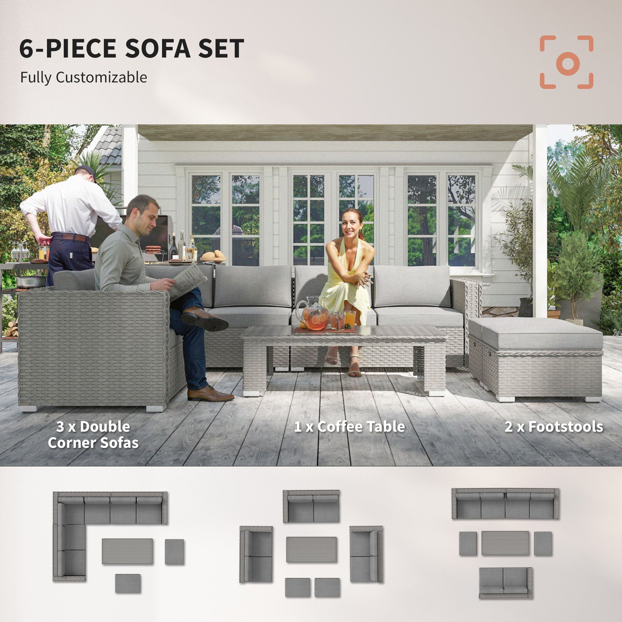 Outsunny 6 Pieces Outdoor PE Rattan Wicker Corner Sofa Set with 10cm Thick Padded Cushions, Aluminium Conservatory Furniture with Glass Top Coffee Table, Footstools, Grey