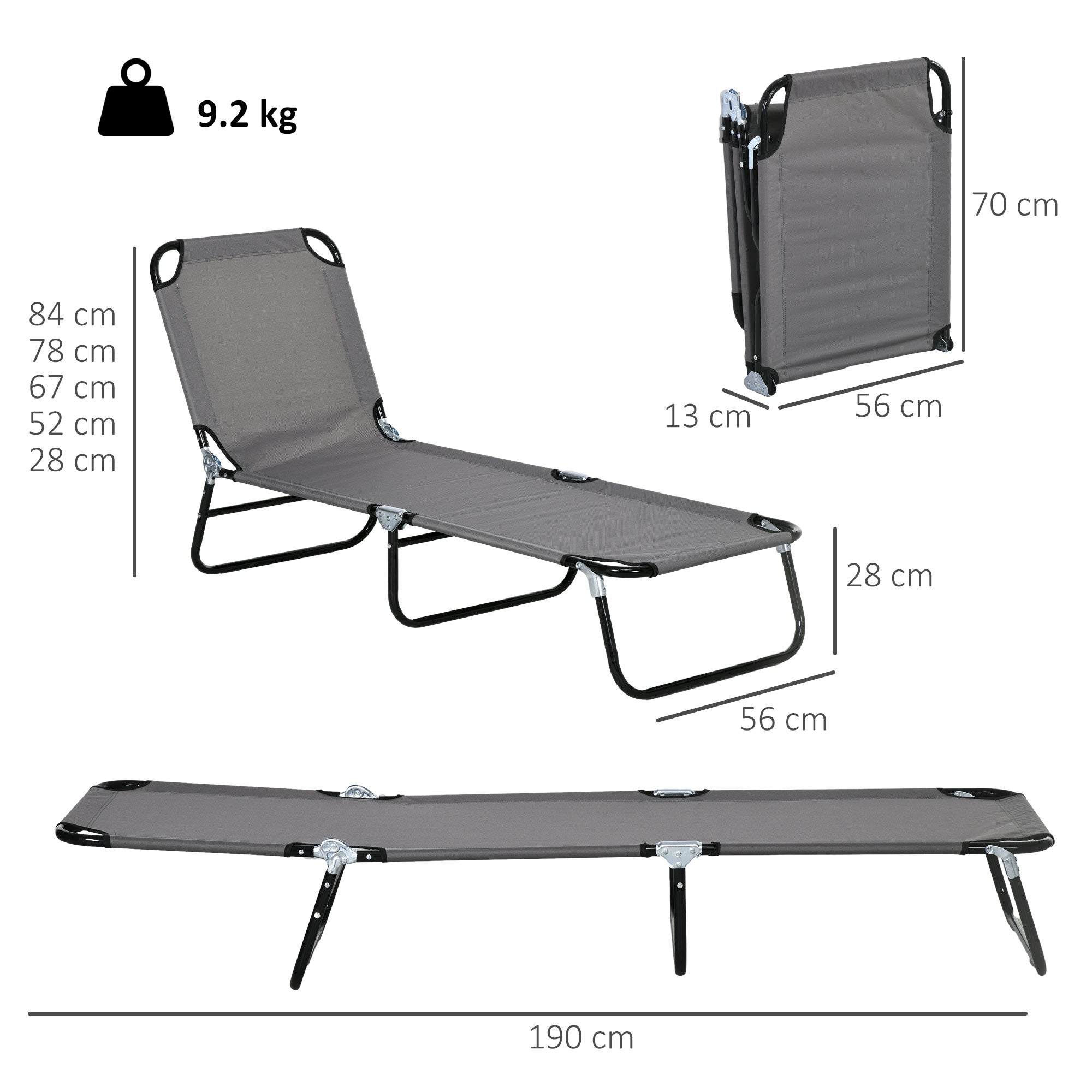 Outsunny Garden Sun Lounger, with Five-Position Back - Grey