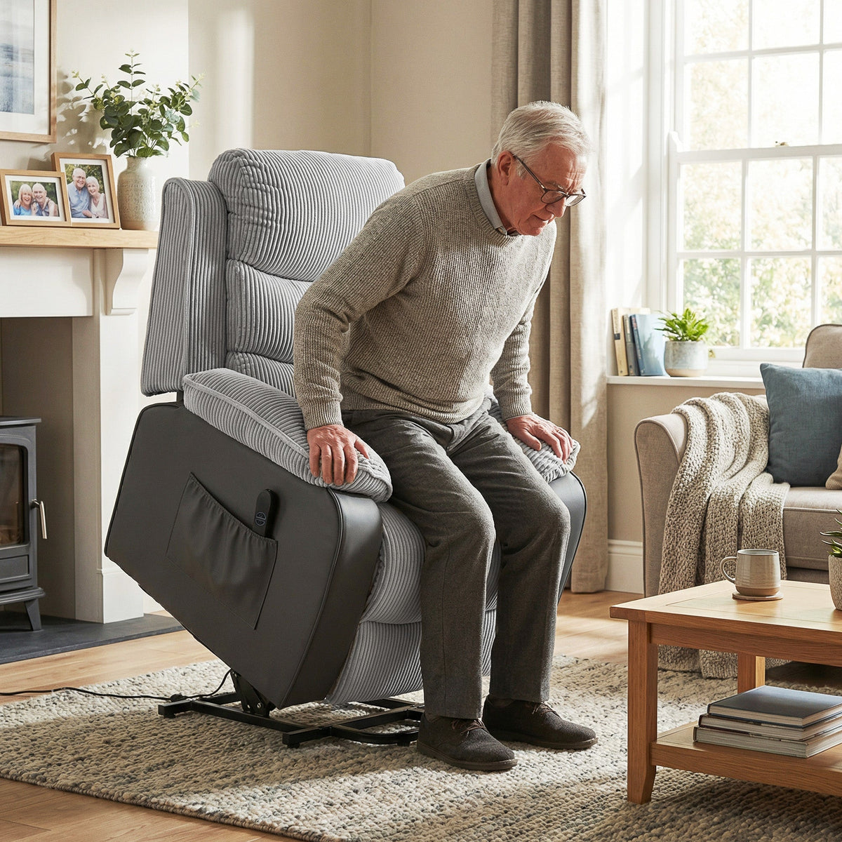 HOMCOM Overstuffed Corduroy Electric Lift Recliner Chair - Light Grey