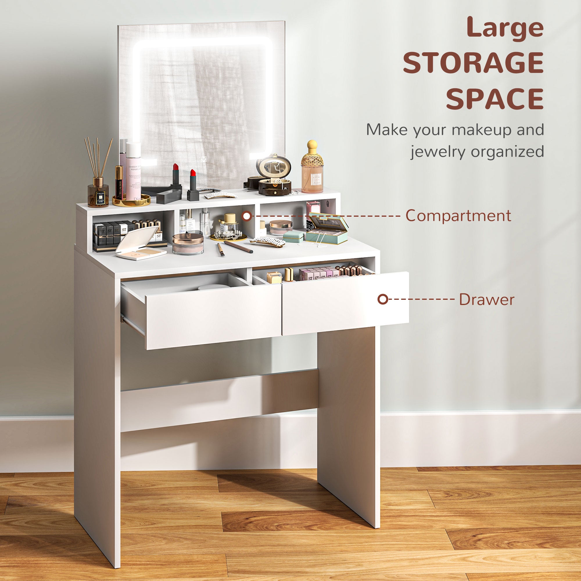 HOMCOM Storage Dressing Table, with LED Light Mirror - White
