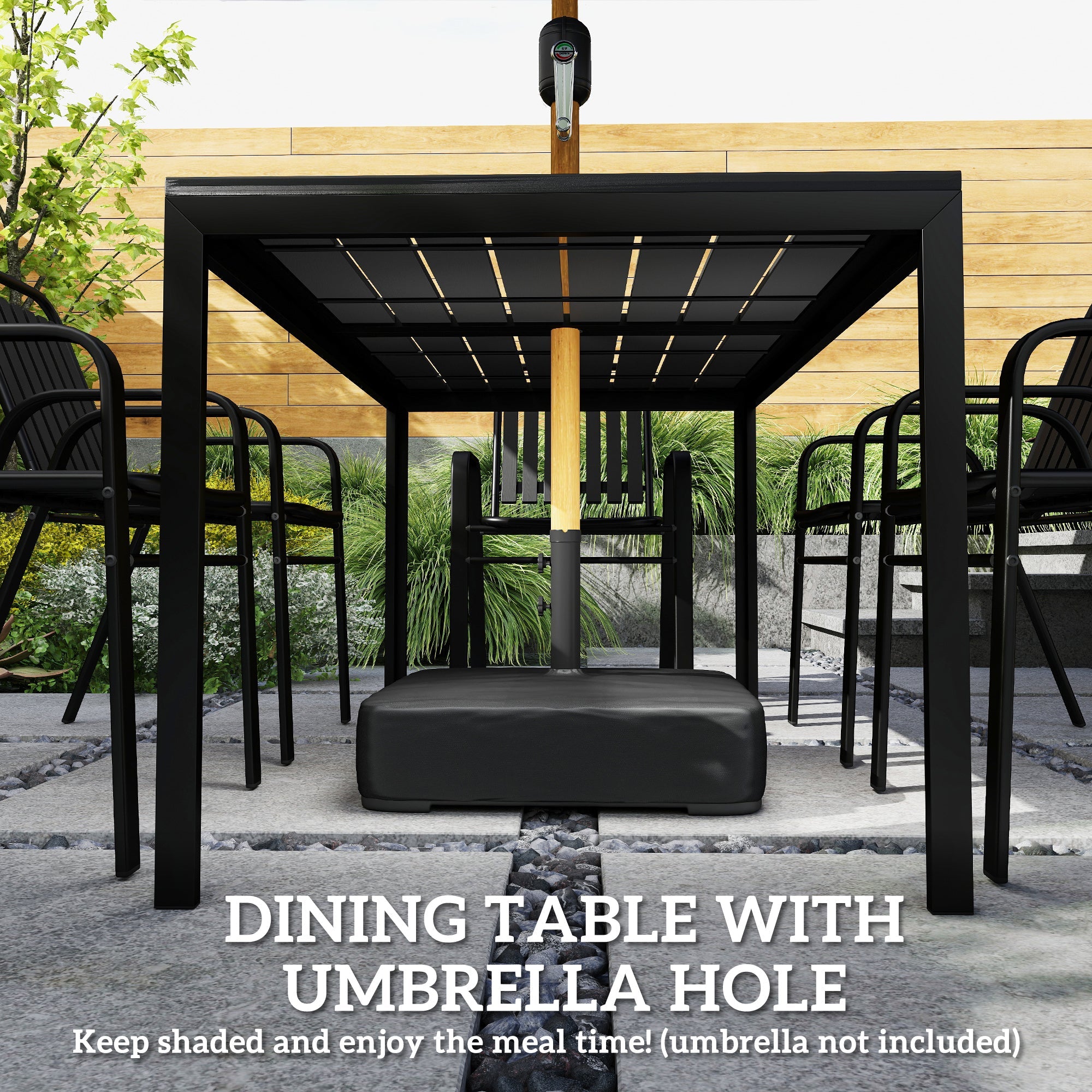 Outsunny 7 Pieces Outdoor Dining Set with Umbrella Hole, Garden Table and Chairs Set for 6 with Metal Table and Stackable Chairs
