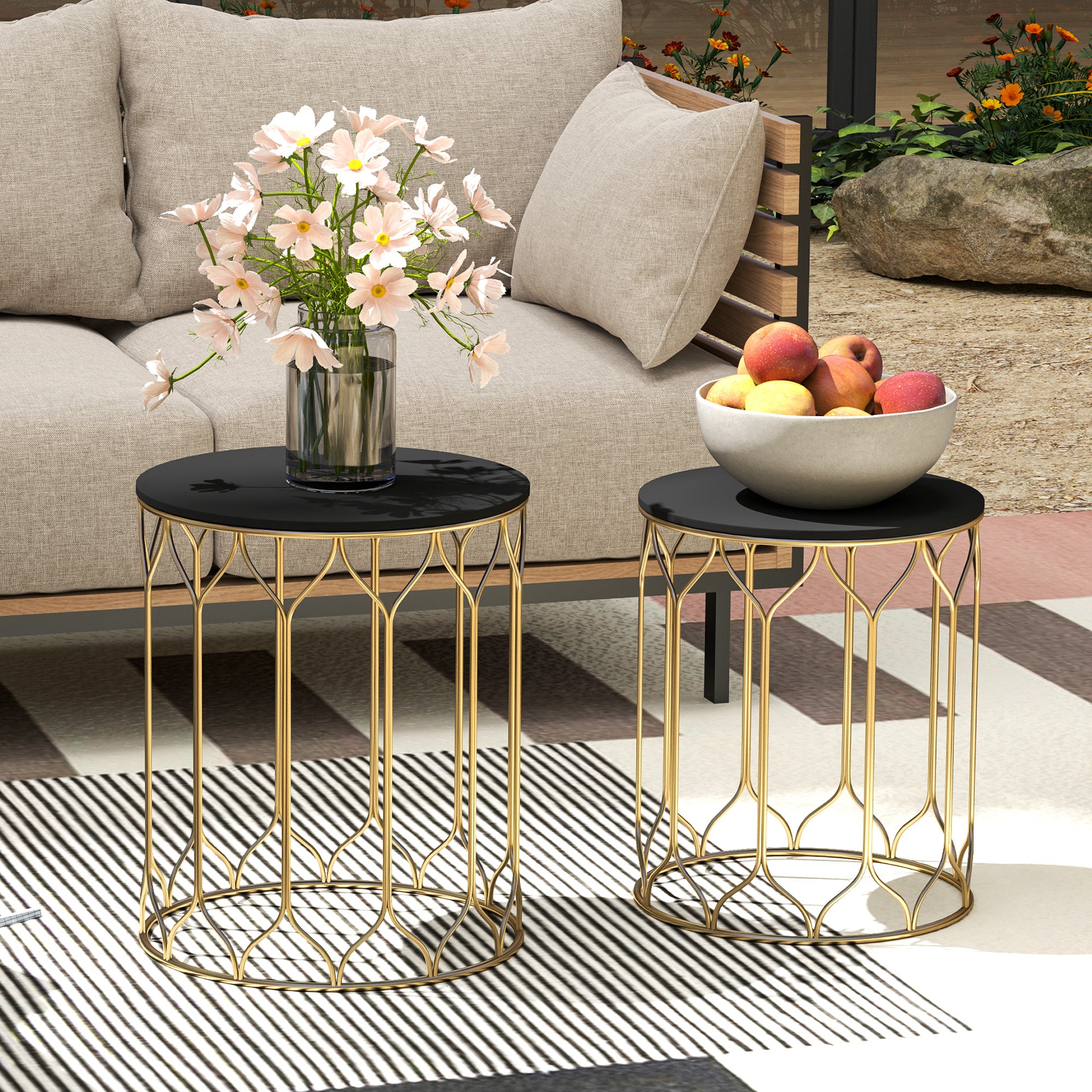Outsunny Round Coffee Table Set of 2, Modern Nesting Tables with Ceramic Tile Top, Small End Tables, Indoor Outdoor Side Table with Metal Frame for Living Room, Bedroom, Patio, Balcony, Black