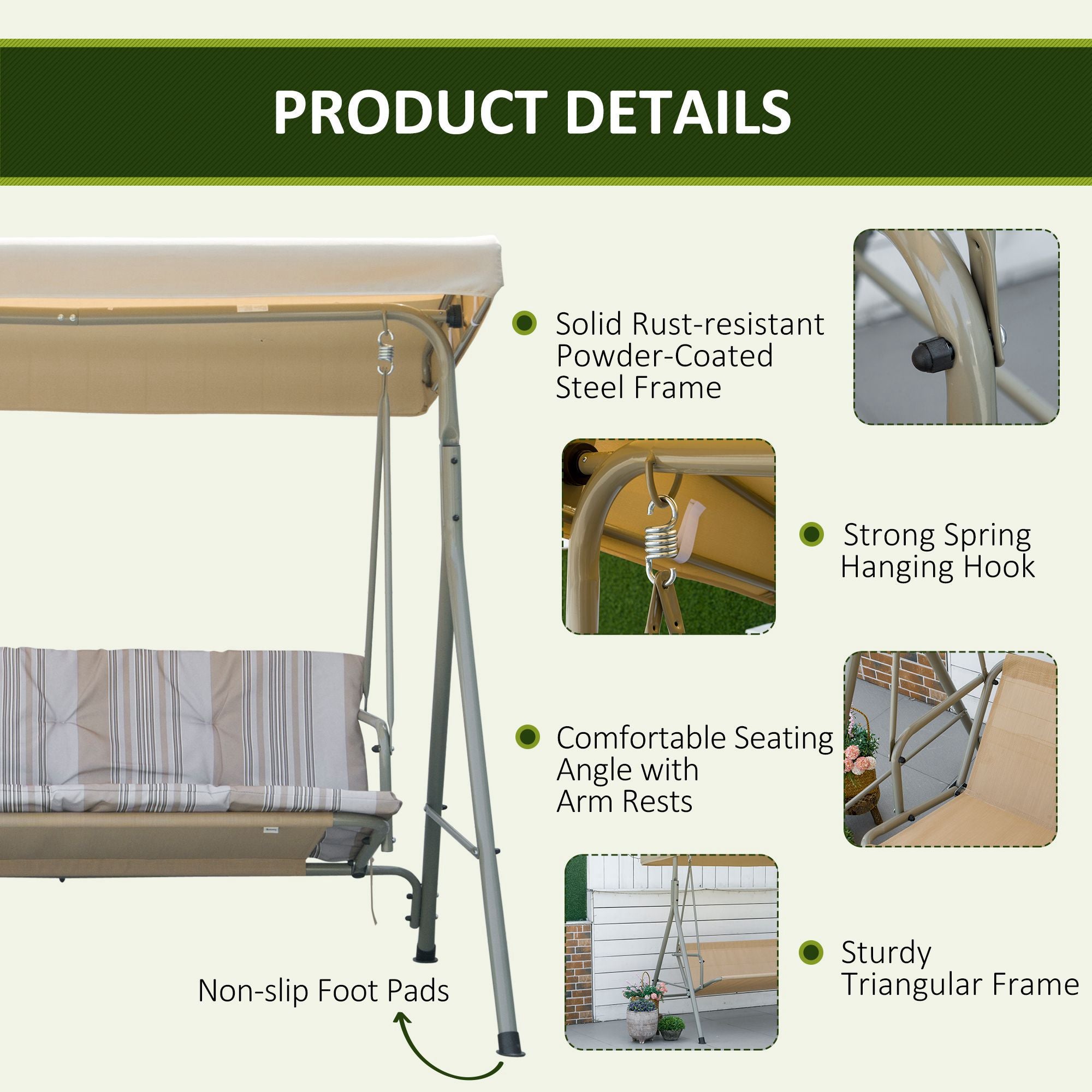 Outsunny Three-Seater Garden Swing Seat - Light Brown