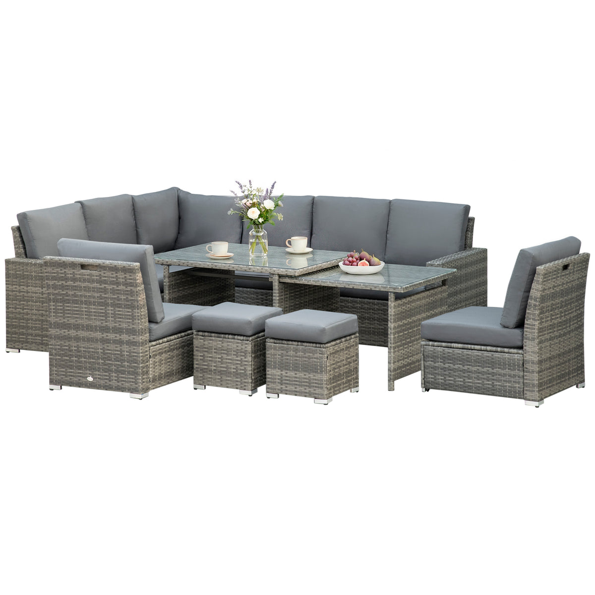Outsunny Seven-Piece Rattan Garden Sofa Set, with Expanding Table - Grey