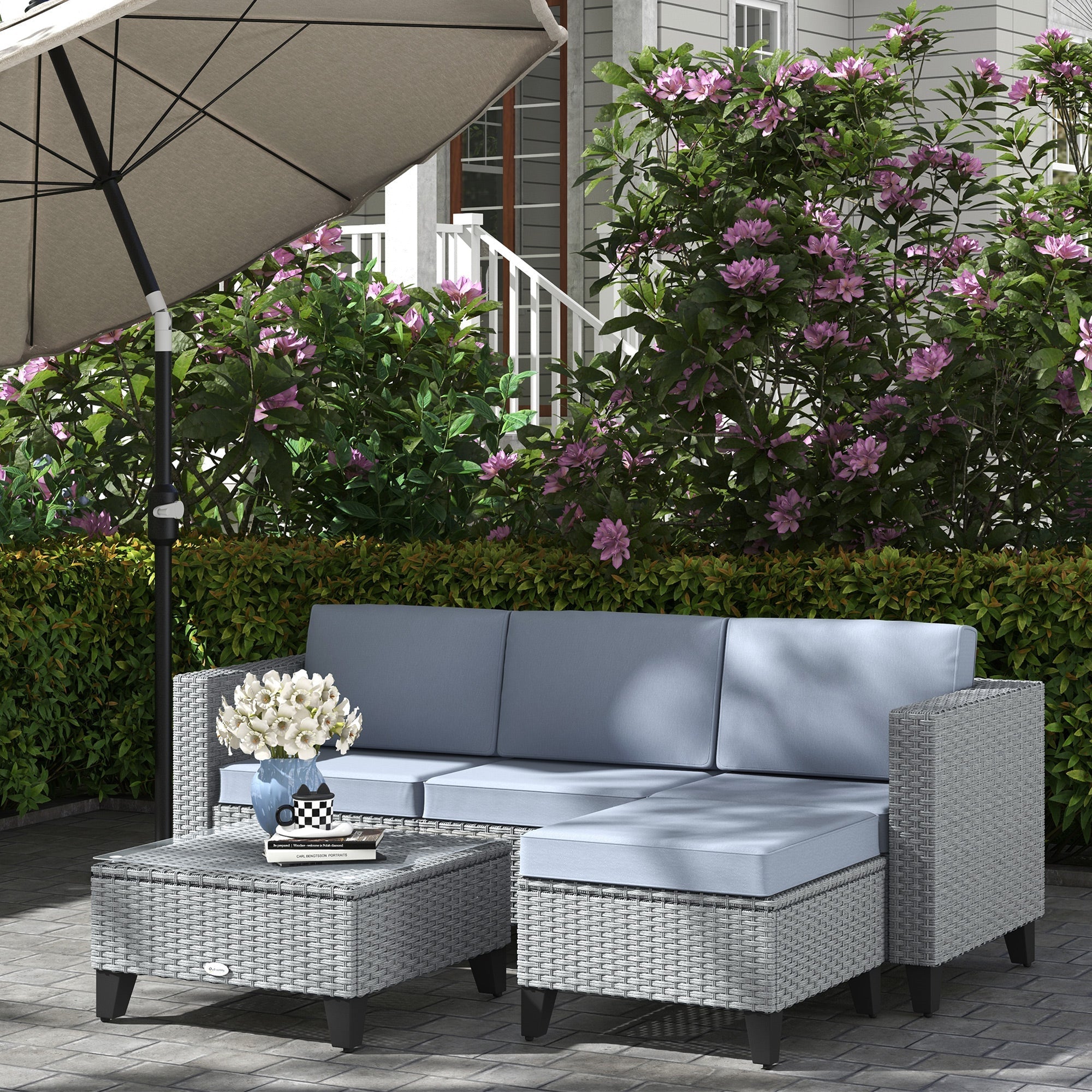 Outsunny 5-Piece Rattan Patio Furniture Set with Corner Sofa, Footstools, Coffee Table, for Poolside, Grey