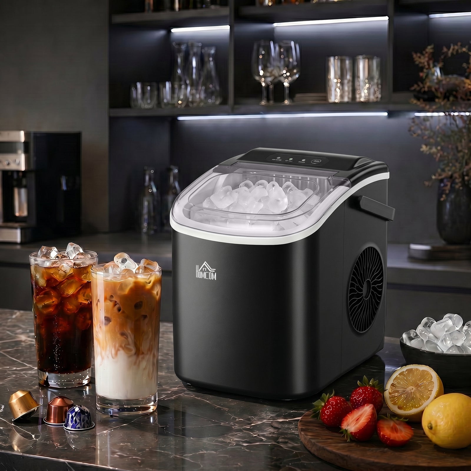 HOMCOM Ice Maker Machine Countertop, 12 KG in 24 H, 9 Cubes in 6 Mins, Portable Ice Cube Maker with Handle, Ice Scoop and Basket for Home Office Kitchen Bar Party RV, Black