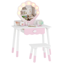 AIYAPLAY Kids Vanity Set, Kids Dressing Table with Chair, Acrylic Mirror, Lighted Bulbs, 7-Piece Accessories, for 3-8 Years, Pink