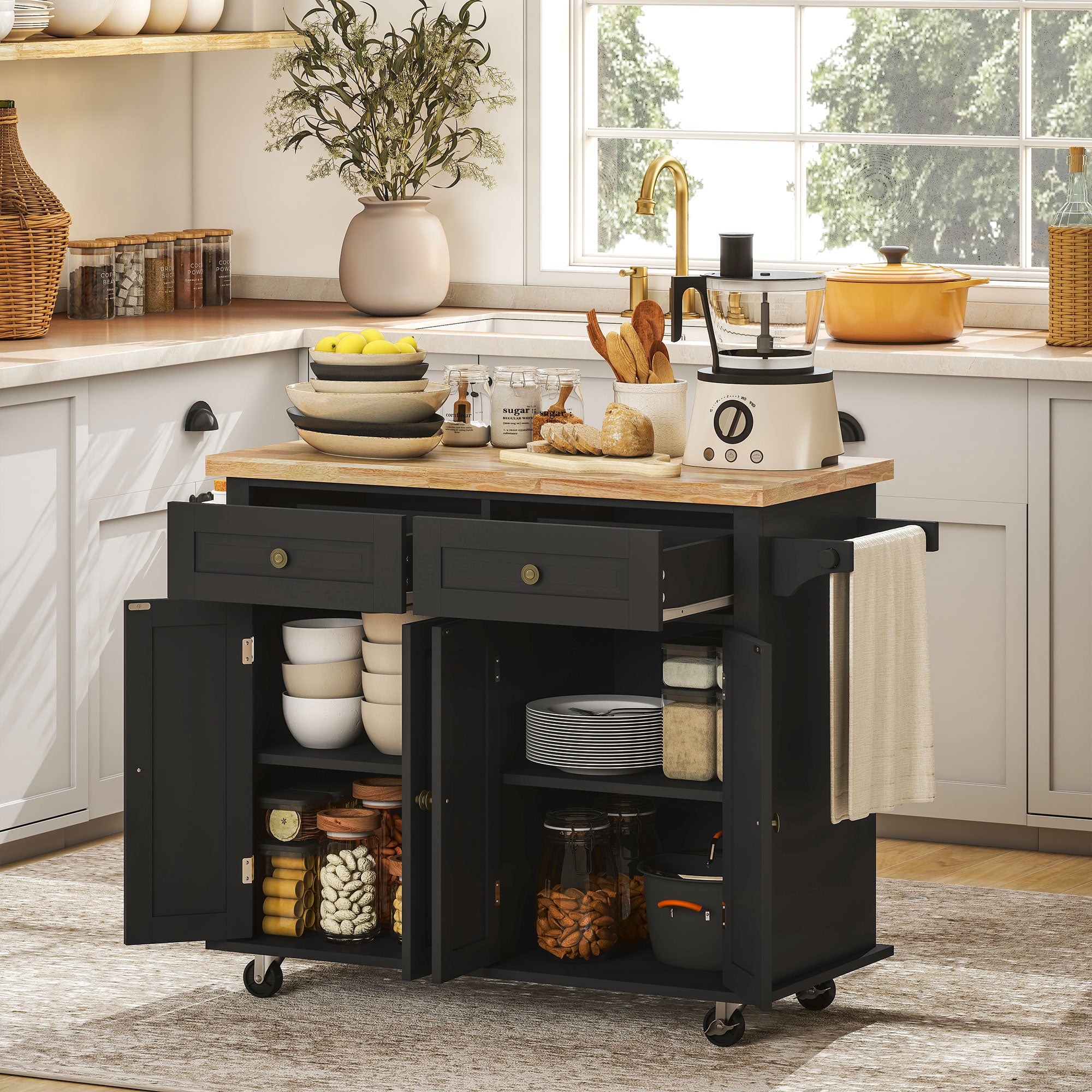 HOMCOM Rolling Kitchen Island Storage Trolley with Rubber Wood Top & Drawers for Dining Room, Black