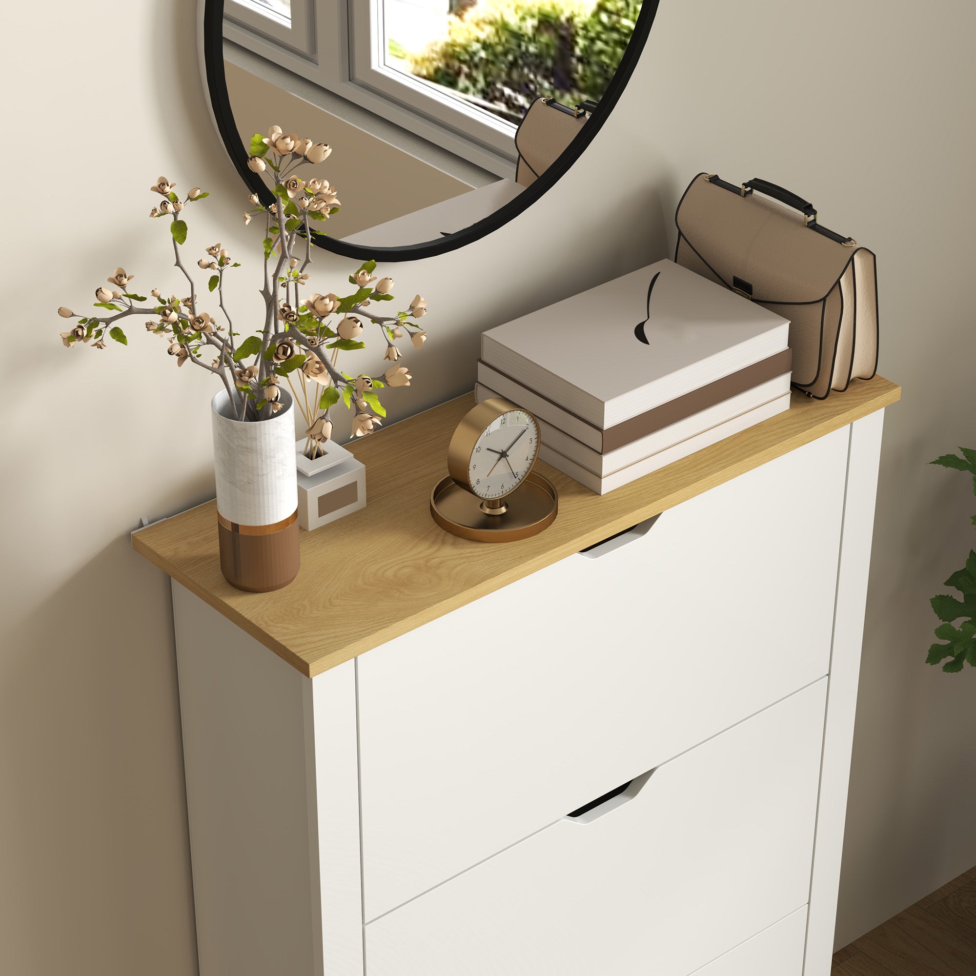 HOMCOM Slim Shoe Cabinet, Narrow Shoe Cupboard with 3 Flip Drawers, Adjustable Shelves for 18 Pairs of Shoes, High Gloss White