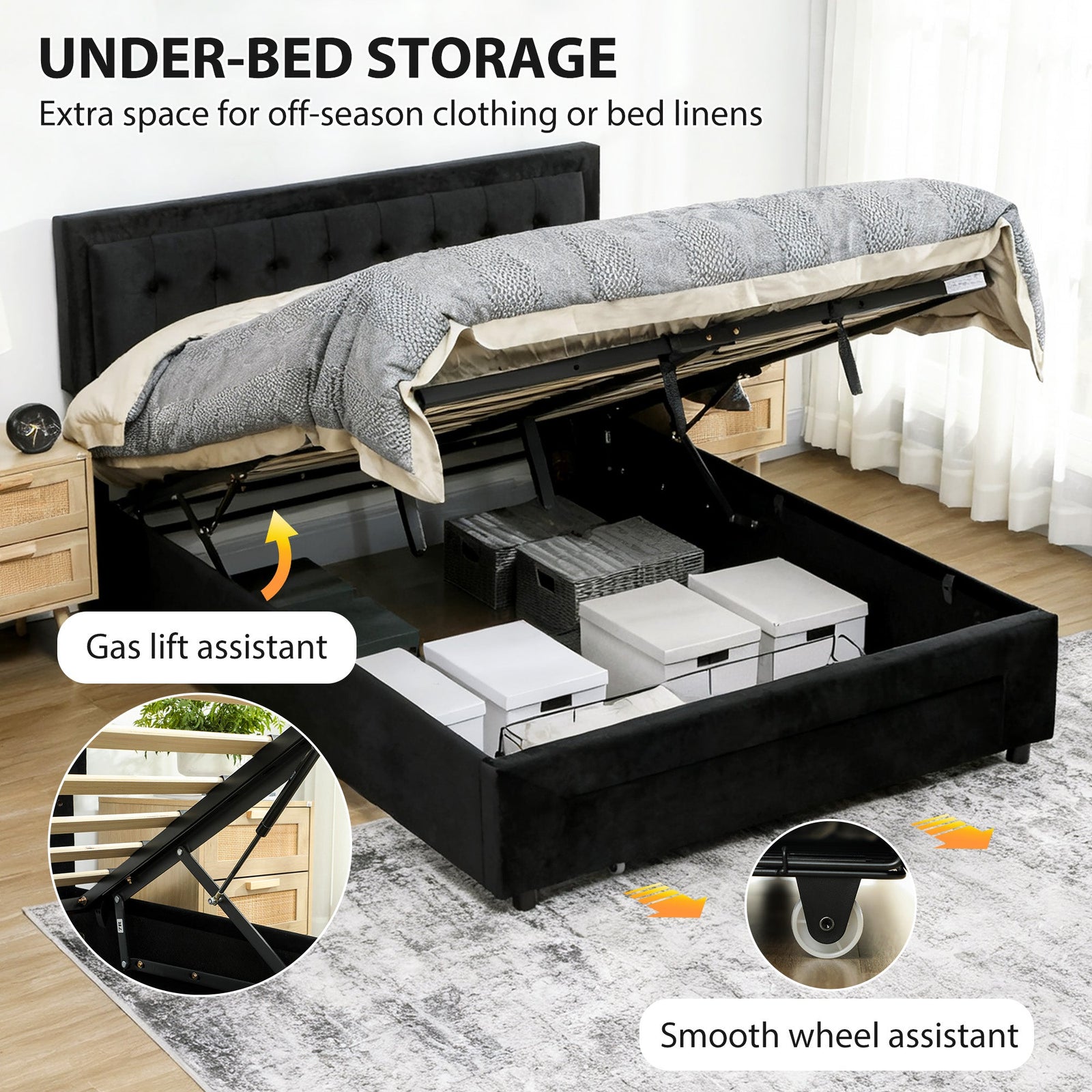 HOMCOM King Ottoman Bed Frame, Upholstered Bed Frame with Storage Drawer and Adjustable Headboard, 5ft, Black
