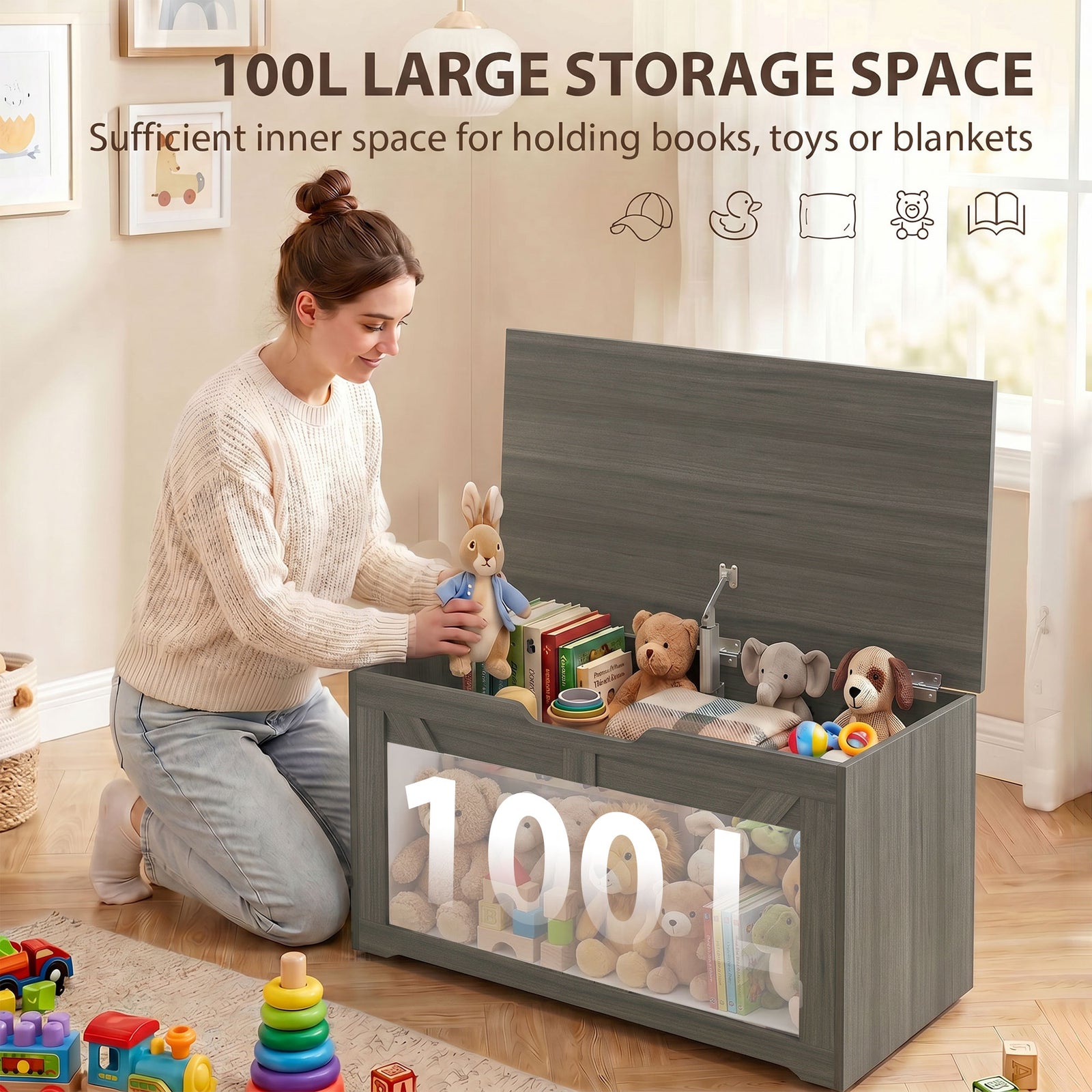 HOMCOM 100L Home Storage Box, with Safety Hinge - Dark Grey Wood-Effect