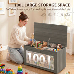 HOMCOM 100L Home Storage Box, with Safety Hinge - Dark Grey Wood-Effect