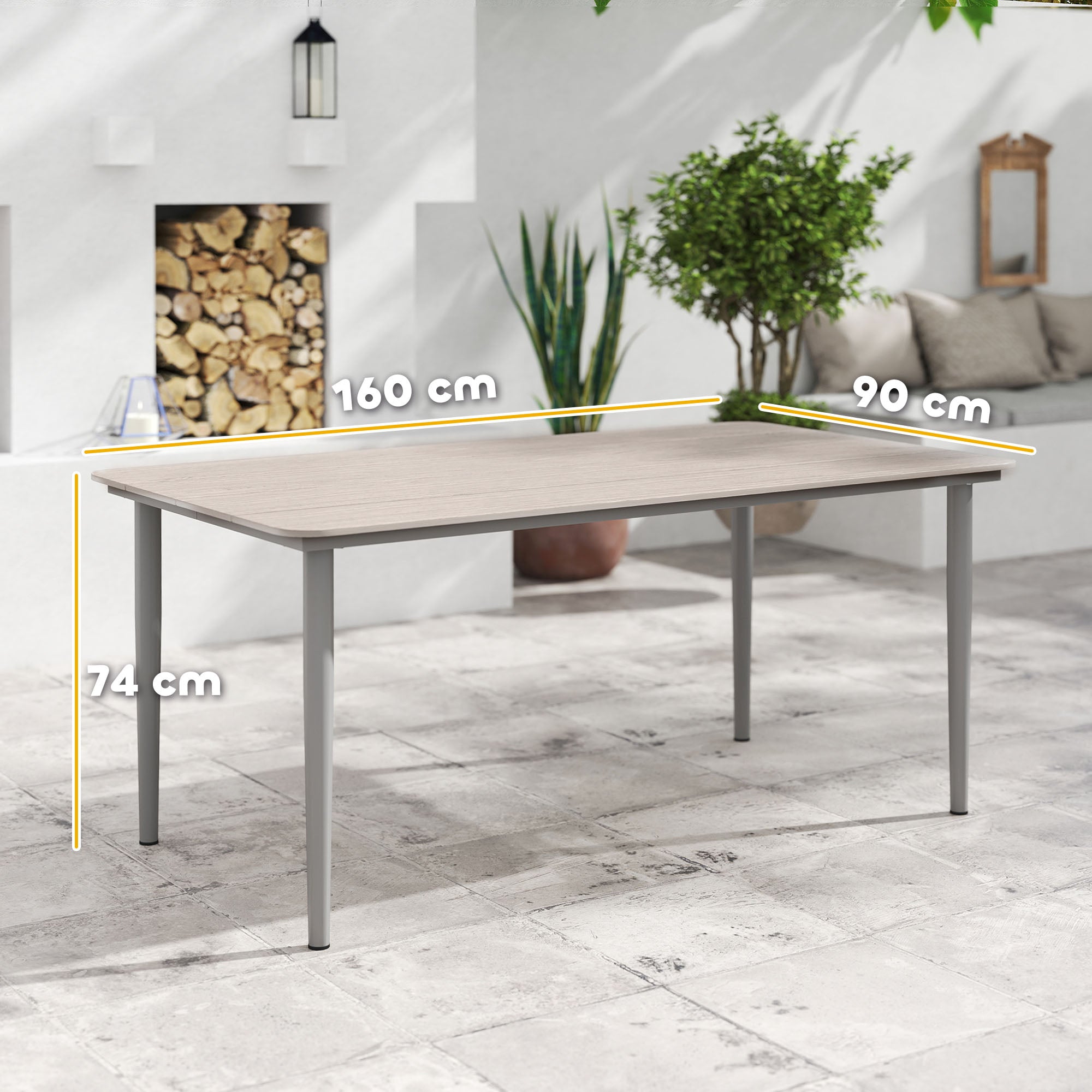 Outsunny Garden Table, Outdoor Dining Table for 6 People, 160 x 90 x 74 cm, with Rust Resistant Metal Frame, WPC Top, for Balcony, Terrace, Light Grey