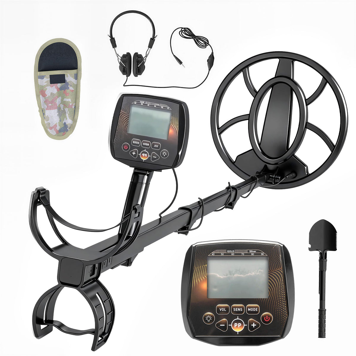 Outsunny Metal Detector for Adults, IP68 Waterproof Search Coil with LCD Display, 5 Modes Gold Detector with Carry Bag, Shovel
