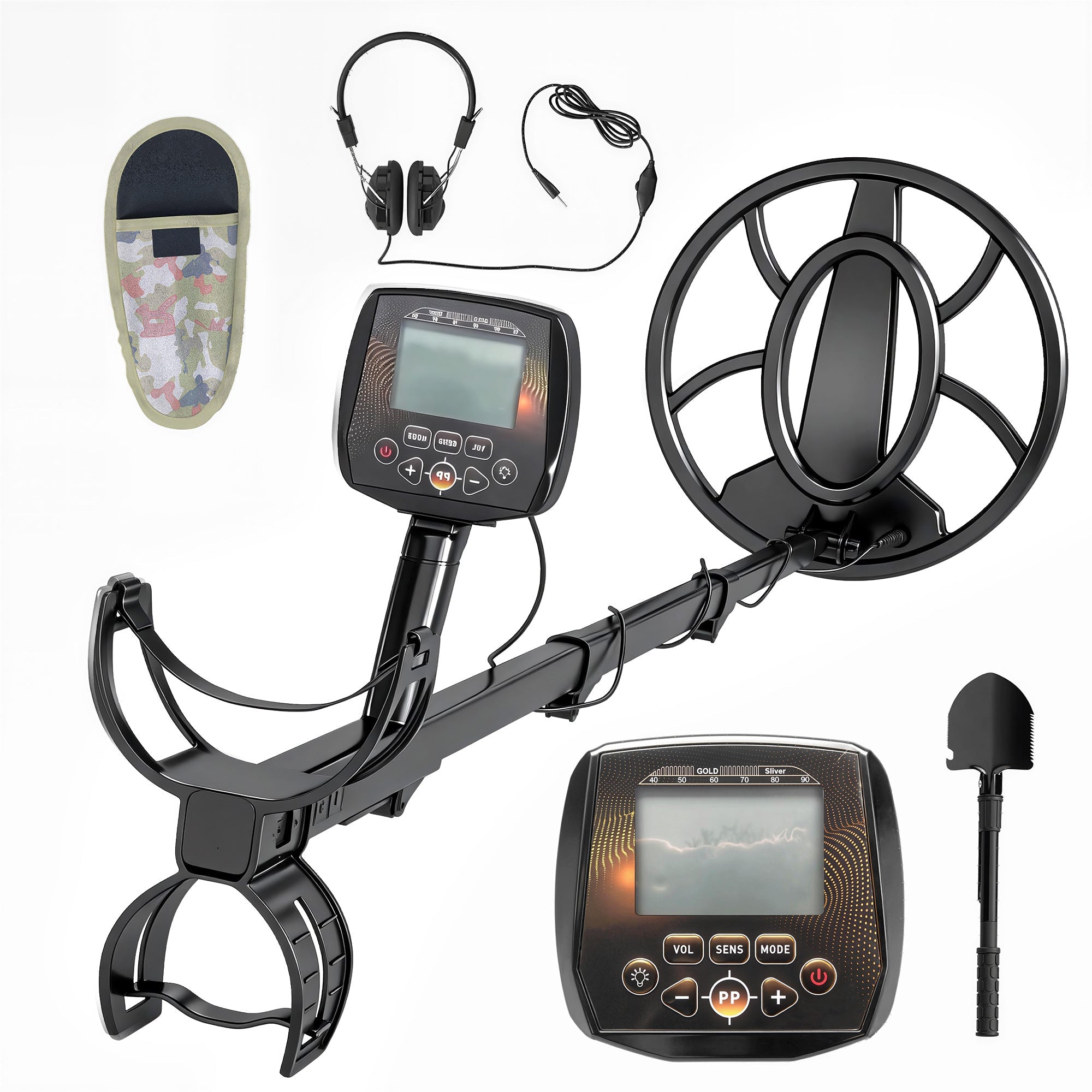 Outsunny Metal Detector for Adults, IP68 Waterproof Search Coil with LCD Display, 5 Modes Gold Detector with Carry Bag, Shovel