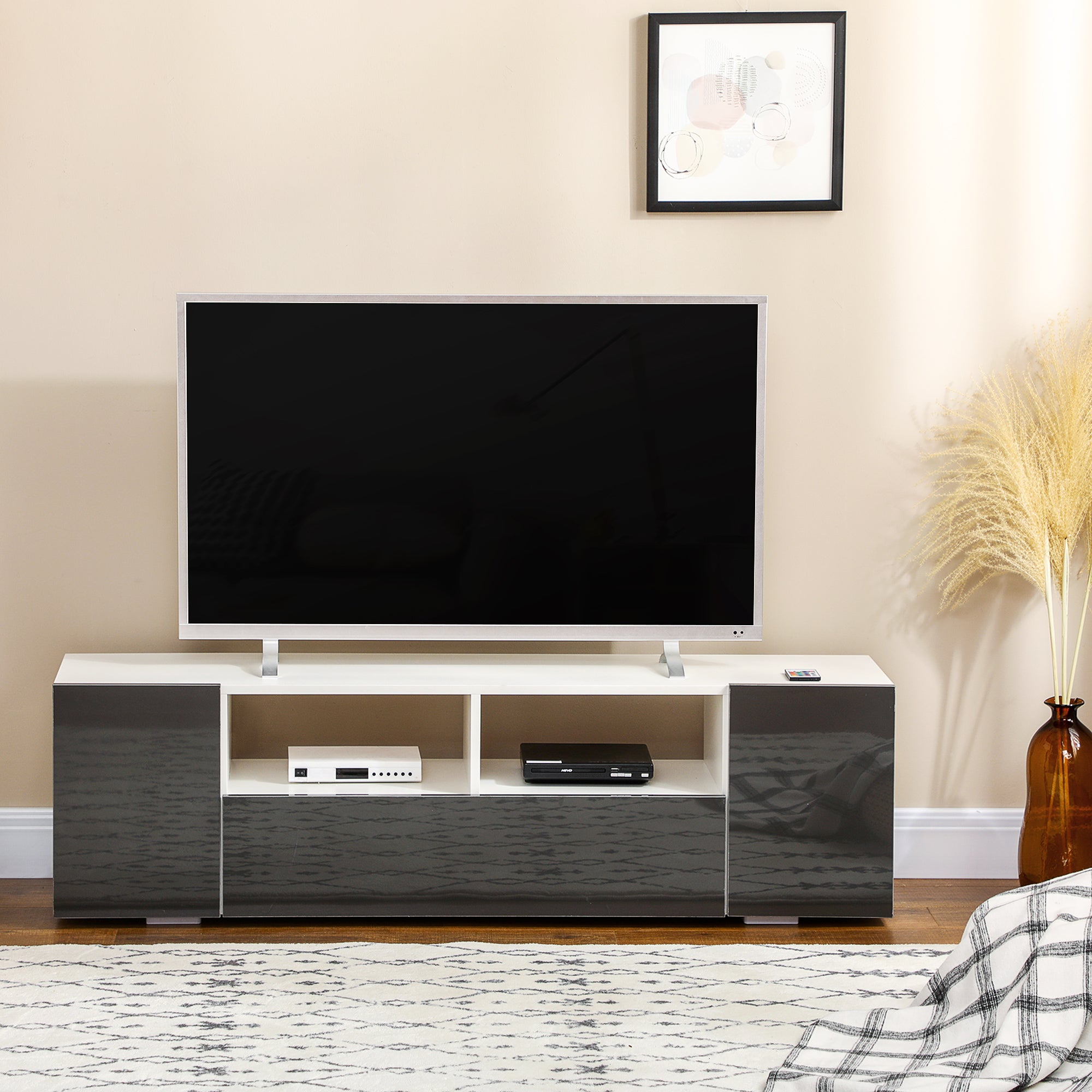 HOMCOM 16 LED Light TV Stand, with Storage - High Gloss Grey