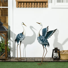 Outsunny Heron Garden Statues, Standing Garden Ornament, Metal Garden Gift with Stakes, Blue & White