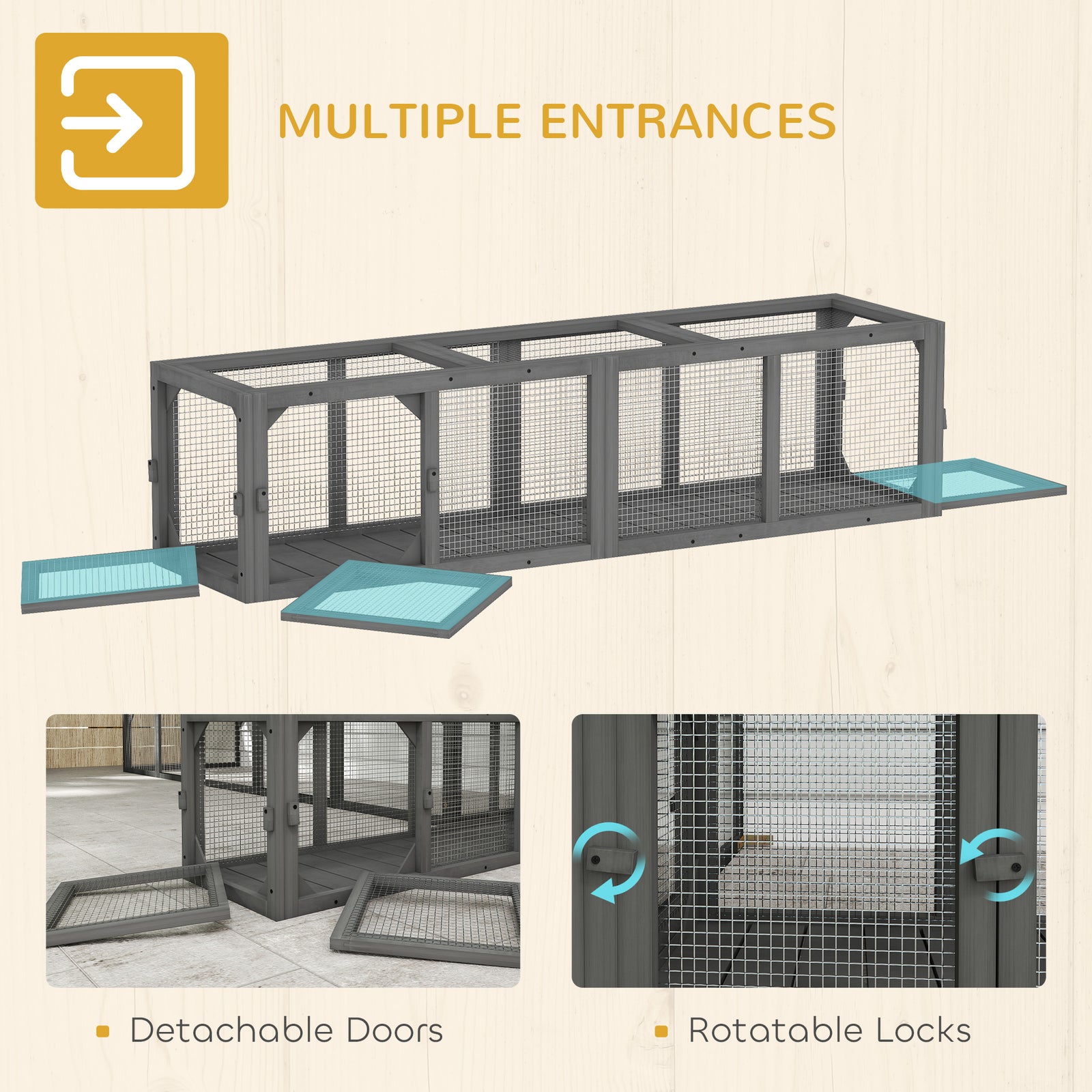 PawHut Outdoor Cat Tunnel, Wooden Play Cat Enclosure, Extendable Pet Run with 3 Doors, for Indoor and Outdoor Use, Grey