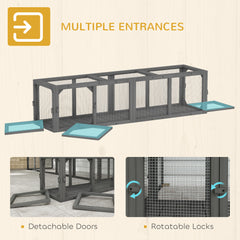 PawHut Outdoor Cat Tunnel, Wooden Play Cat Enclosure, Extendable Pet Run with 3 Doors, for Indoor and Outdoor Use, Grey
