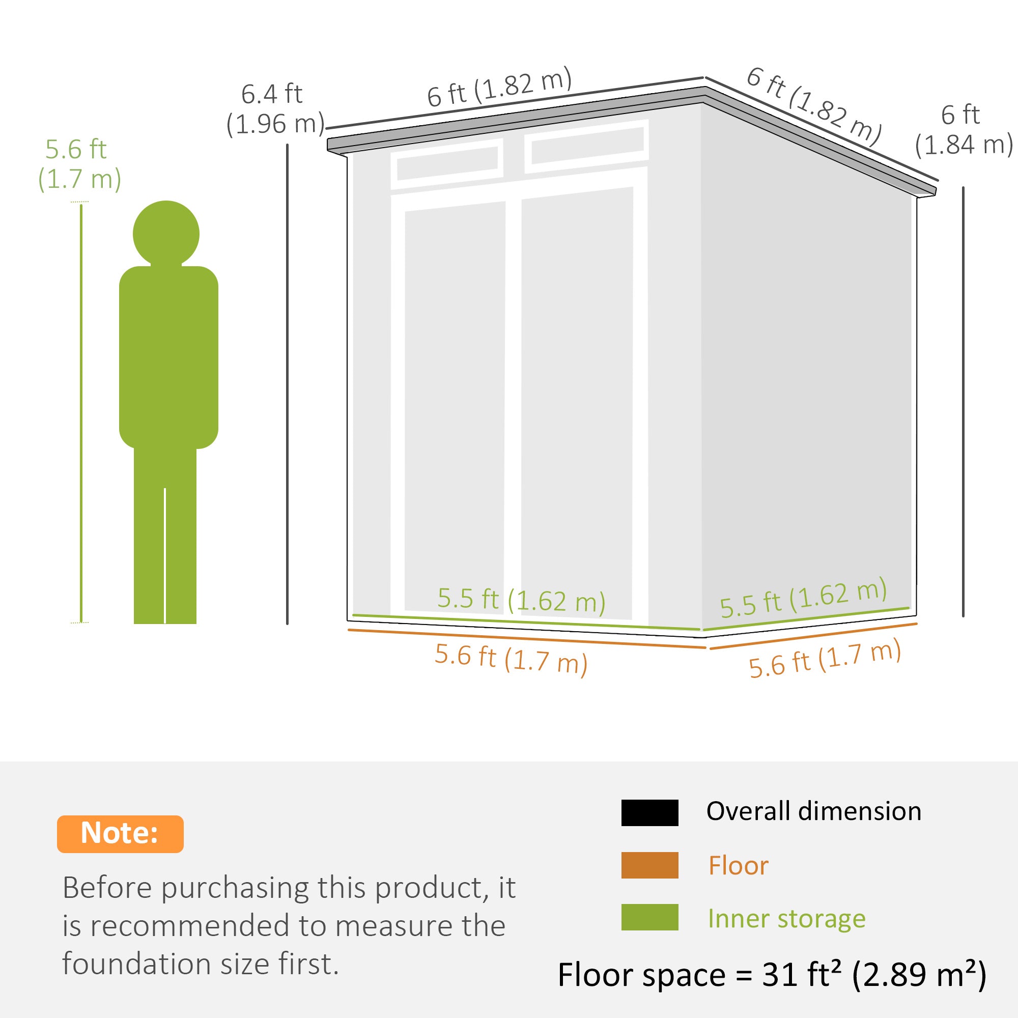 Outsunny 6 x 6 ft Plastic Garden Shed, Wood-Effect Outdoor Storage Shed with Floor, Windows, Lockable Doors and Vents, Dark Grey