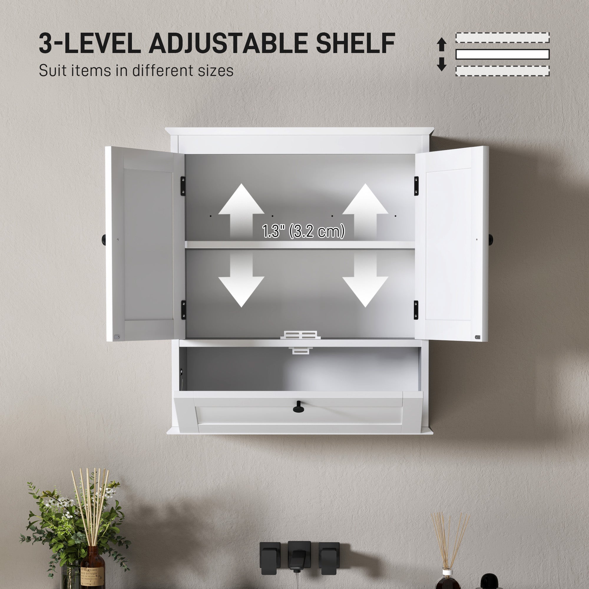 HOMCOM Bathroom Wall Cabinet with Adjustable Shelf and Recessed Doors, White