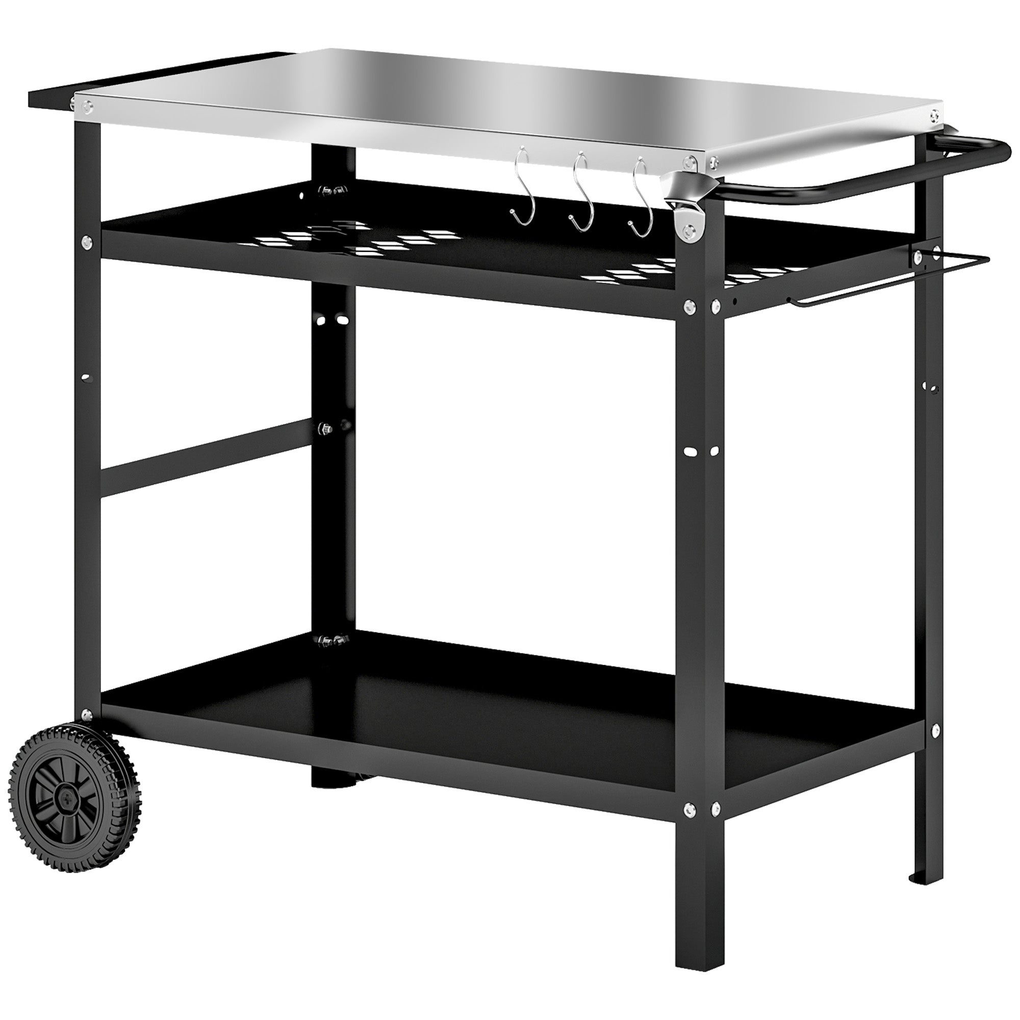 Outsunny BBQ Trolley with Stainless Steel Top Adjustable Shelf, Outdoor Kitchen BBQ Station with Hooks Seasoning Tray Towel Rack, Pizza Oven Table Movable Outdoor Grill Dining Cart with Cover, Black