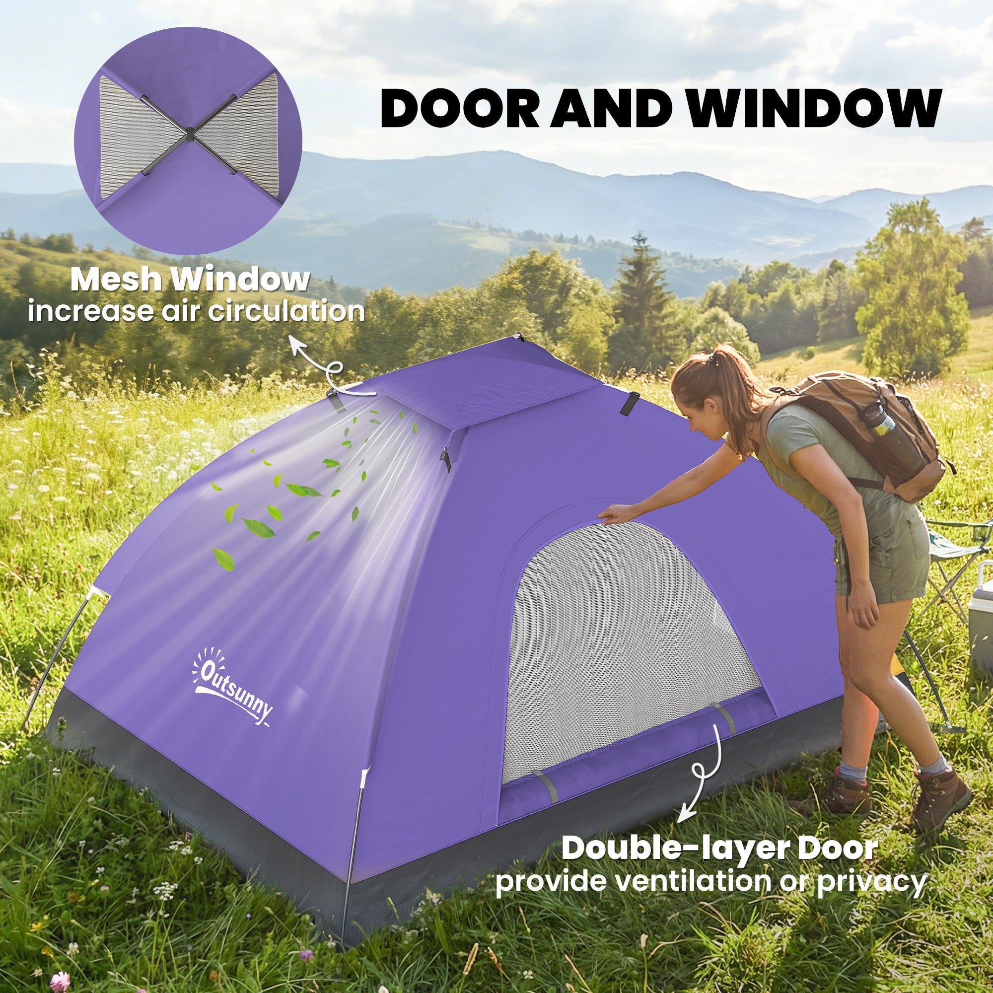 Outsunny 2 Person Camping Tent, Dome Tent with Zipped Doors, Storage Pocket, Portable Handy Bag, Light Purple