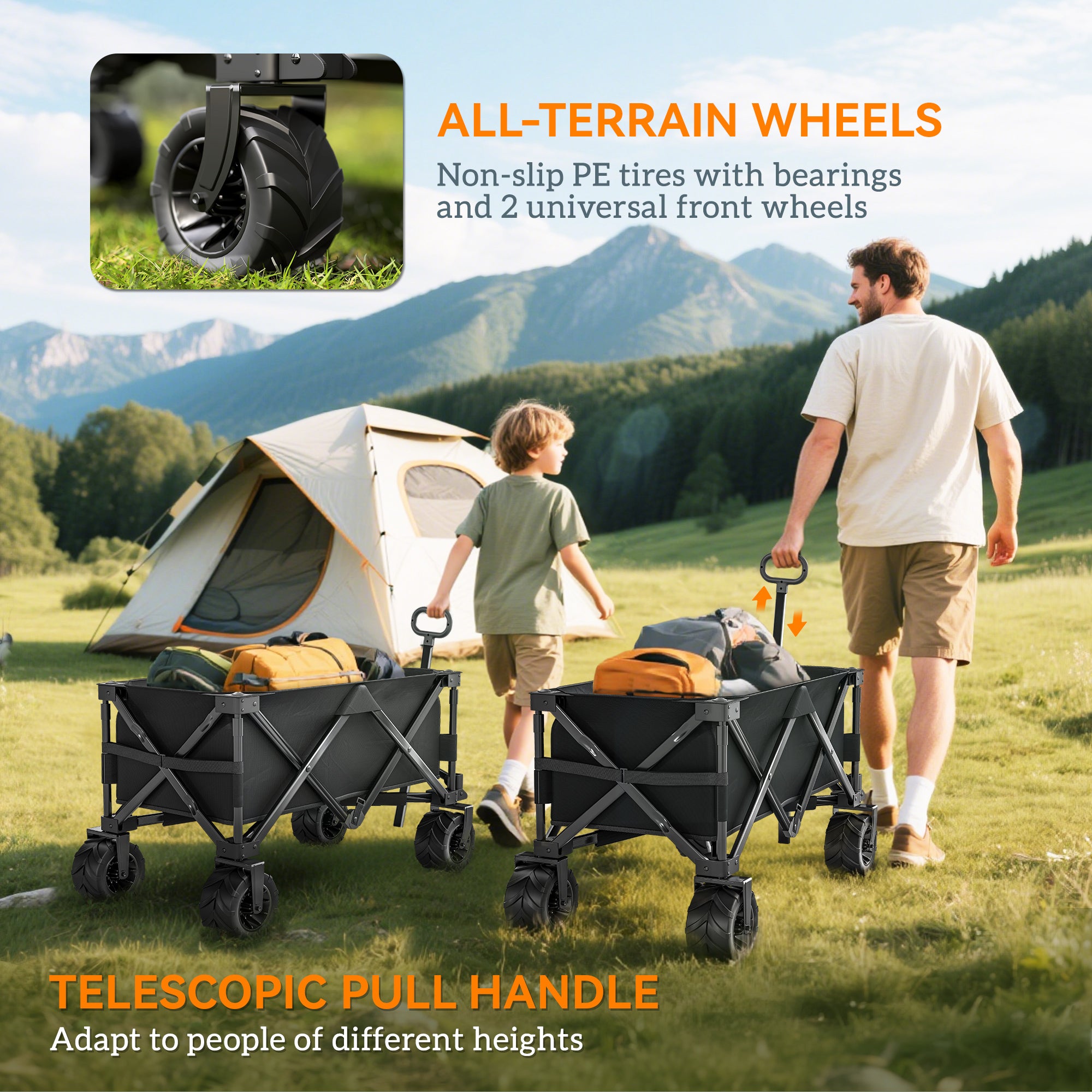 Outsunny Outdoor Folding Garden Trolley on Wheels, Capming Cargo Wagon Cart Trailer w/ Handle, Wheels for Beach Garden, Black