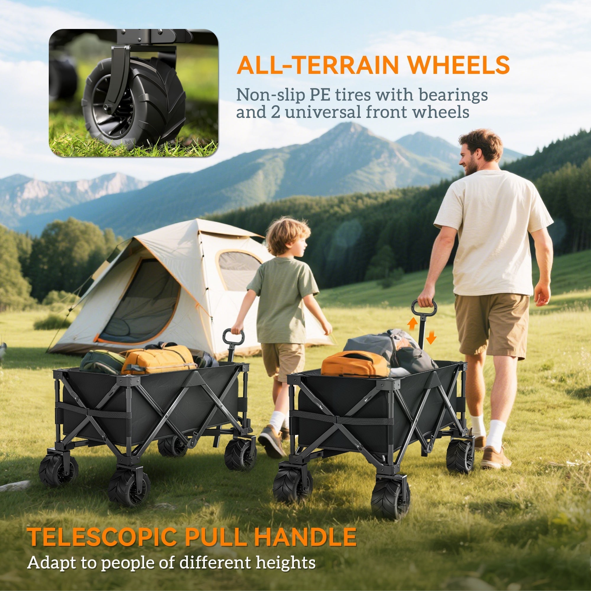 Outsunny Outdoor Folding Garden Trolley on Wheels, Capming Cargo Wagon Cart Trailer w/ Handle, Wheels for Beach Garden, Black