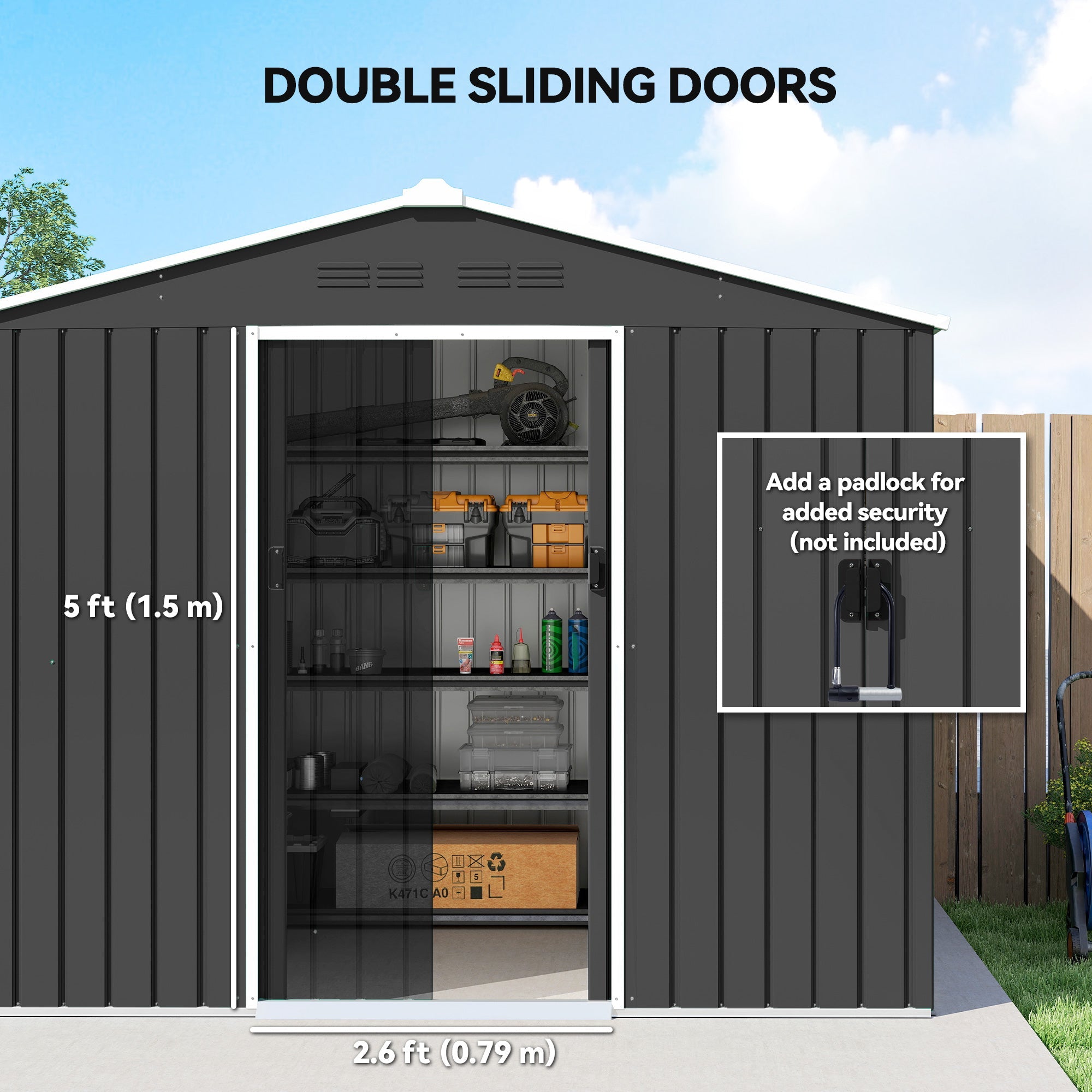 Outsunny 8 x 6ft Galvanised Steel Shed, with Double Door - Dark Grey