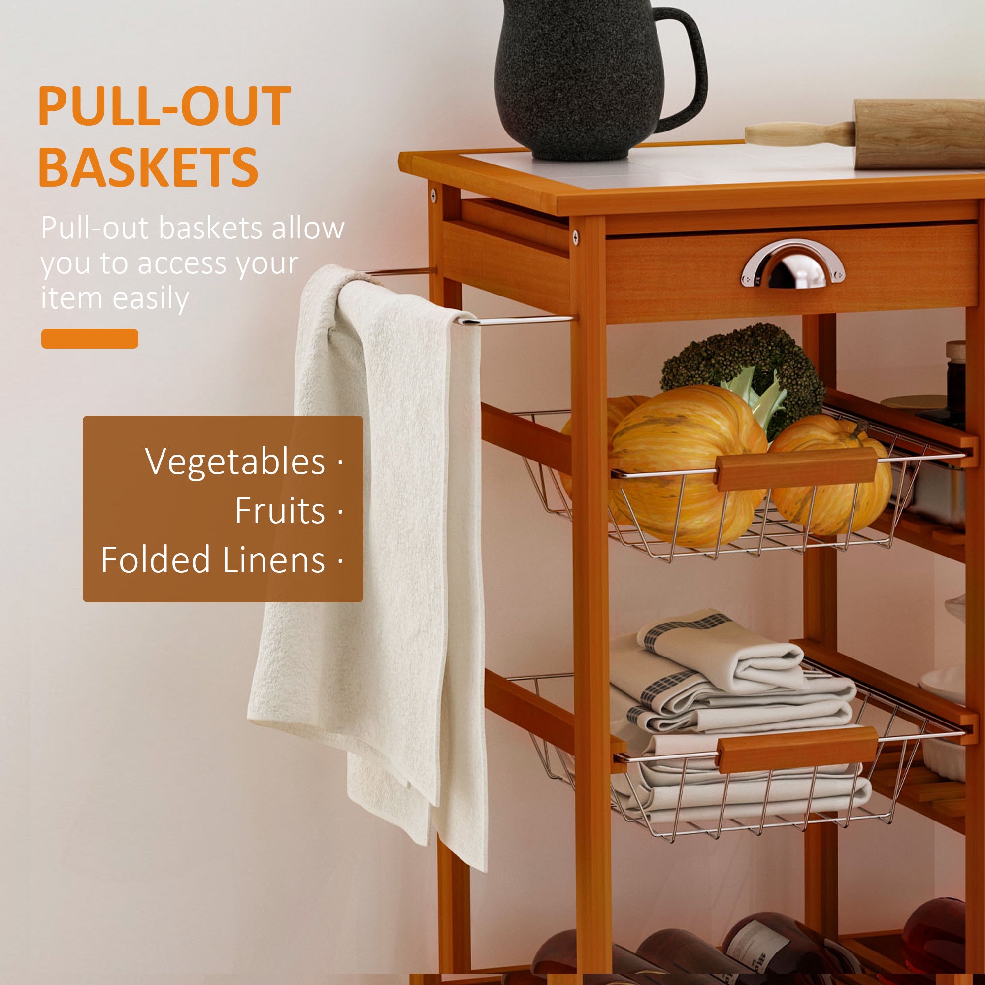 HOMCOM Rolling Kitchen Island Trolley Cart Drawer Shelves Basket Wheels W/ 6 Bottle Wine Rack, Honey Colour