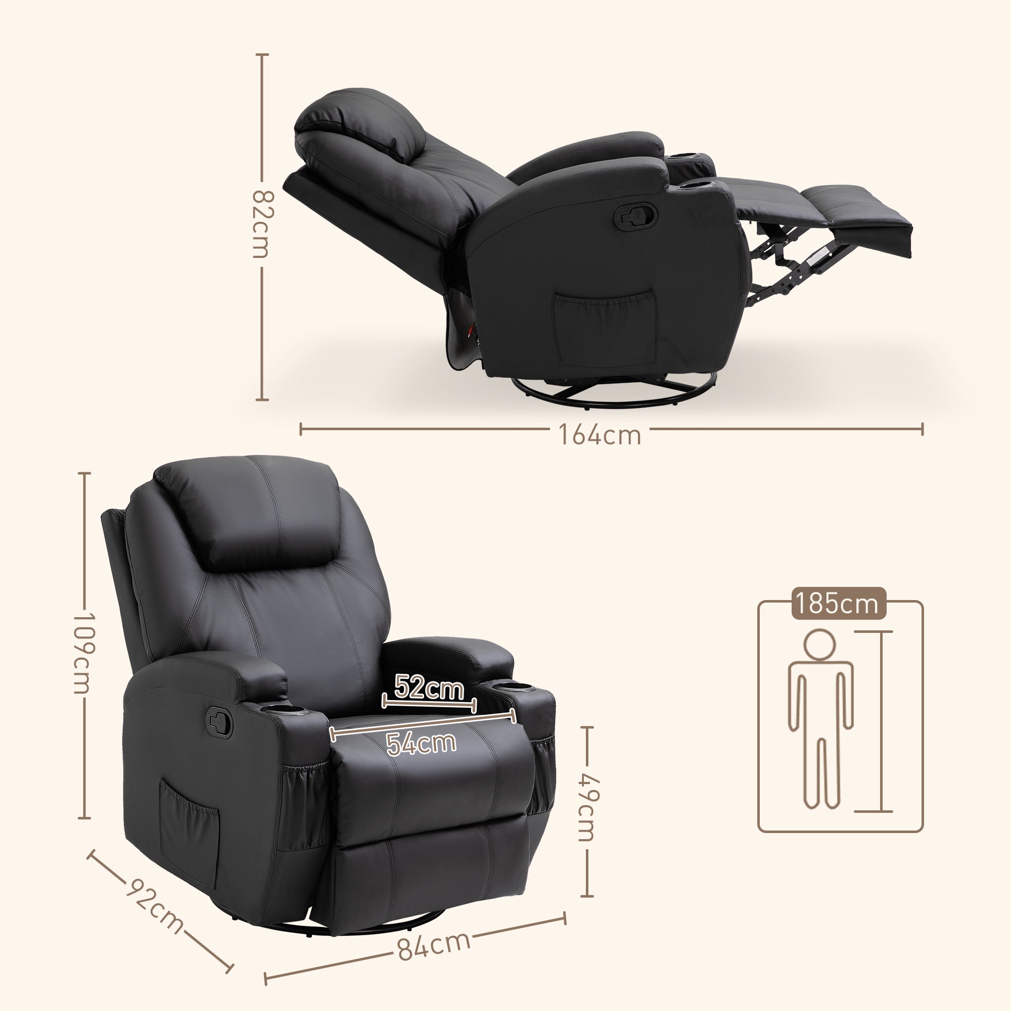 HOMCOM Recliner Chair, Recliner Massage Rocker Chair with 360√Ç¬∞ Rotate, 165√Ç¬∞ Reclining Function, Adjustable Footrest, Swivel Armchair Single Sofa for Living Room with Drink Holders, Side Pockets, Black