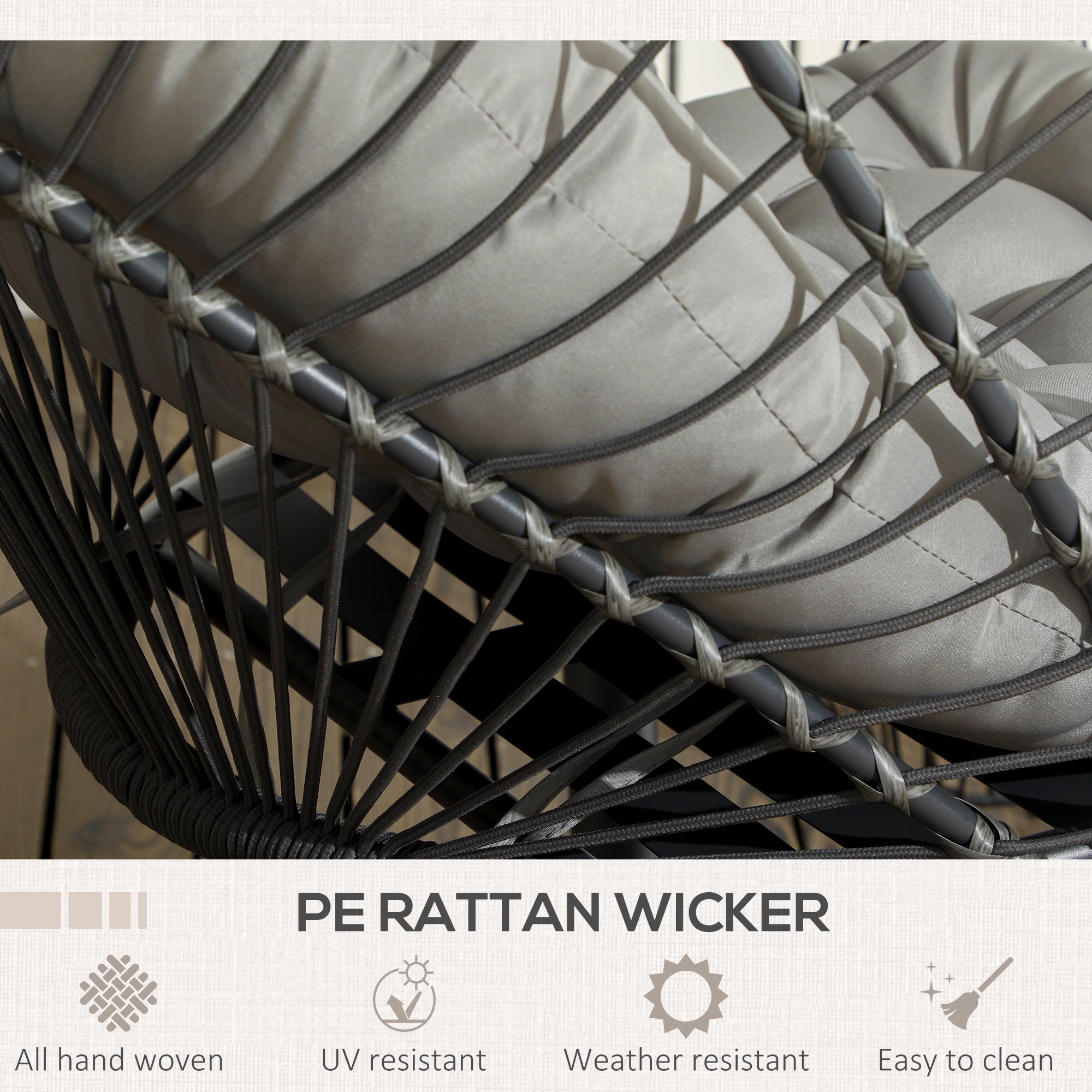 Outsunny Outdoor PE Rattan Swing Chair with Foldable Basket and Cushion, Garden Patio Hanging Egg Chair with Metal Stand, Headrest for Indoor and Outdoor, Light Grey