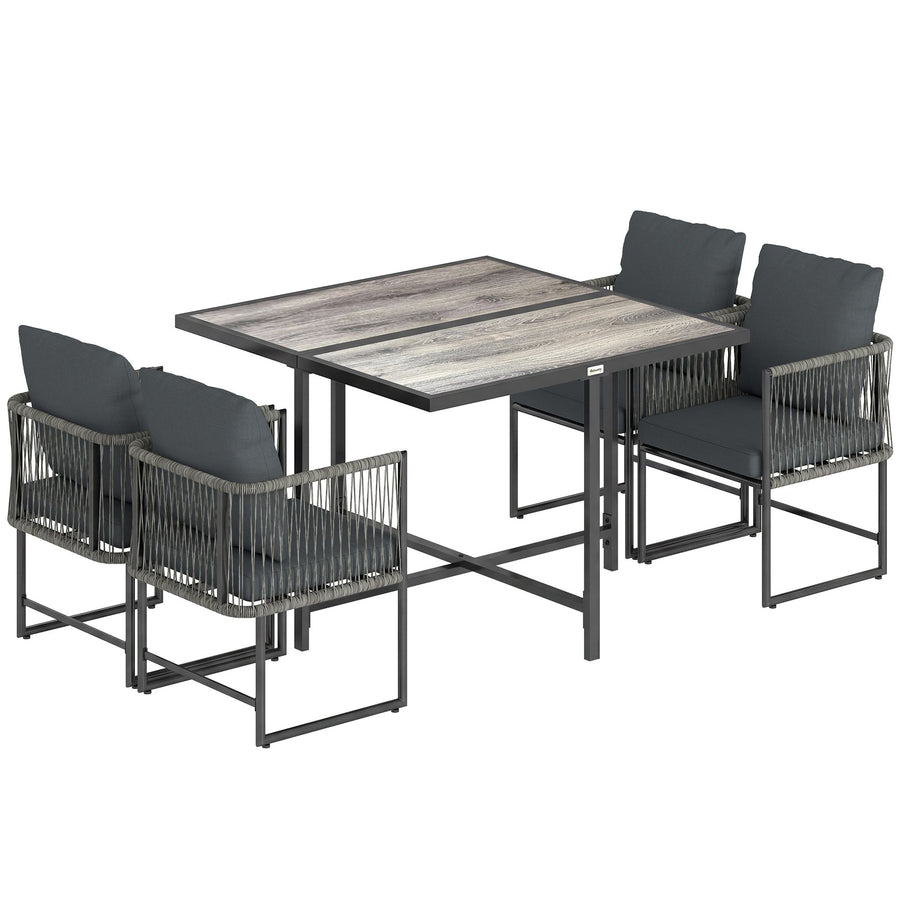 Outsunny 4-Seater Garden Dining Set, Rattan Outdoor Furniture with Space-Saving Chairs and Thick Cushions for Patio Balcony Black