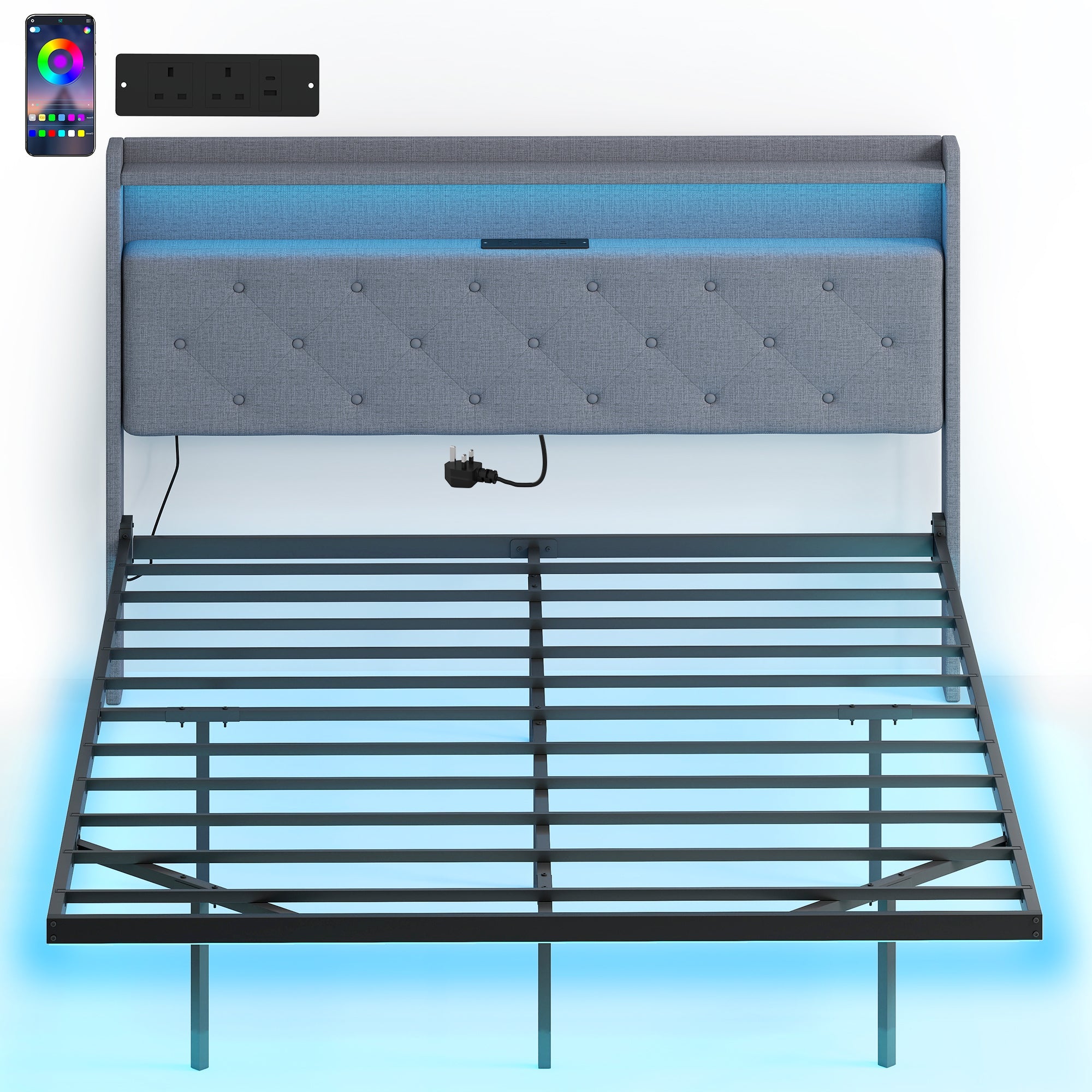 HOMCOM Floating Bed Frame, Upholstered 5ft King Size Bed, Platform Bed with RGB LED Lights and Charging Station, Grey