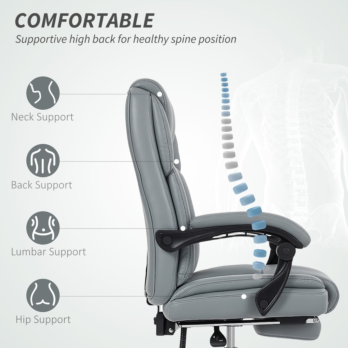 HOMCOM Faux Leather Reclining Office Chair, with Footrest - Grey