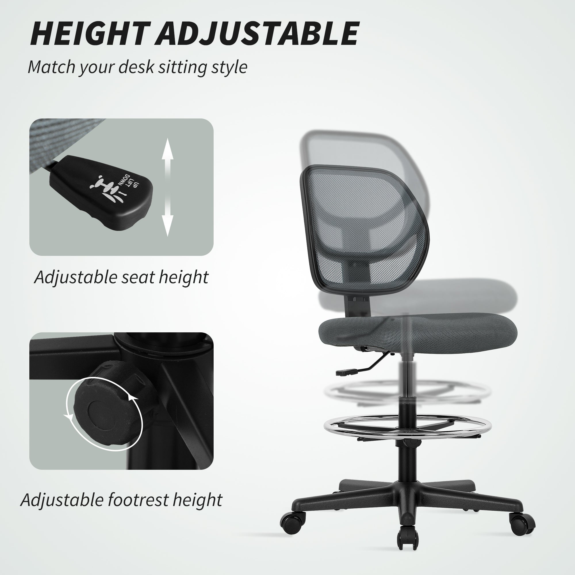 Vinsetto Ergonomic Mesh Standing Desk Chair with Adjustable Footrest Ring and Seat Height Charcoal Grey