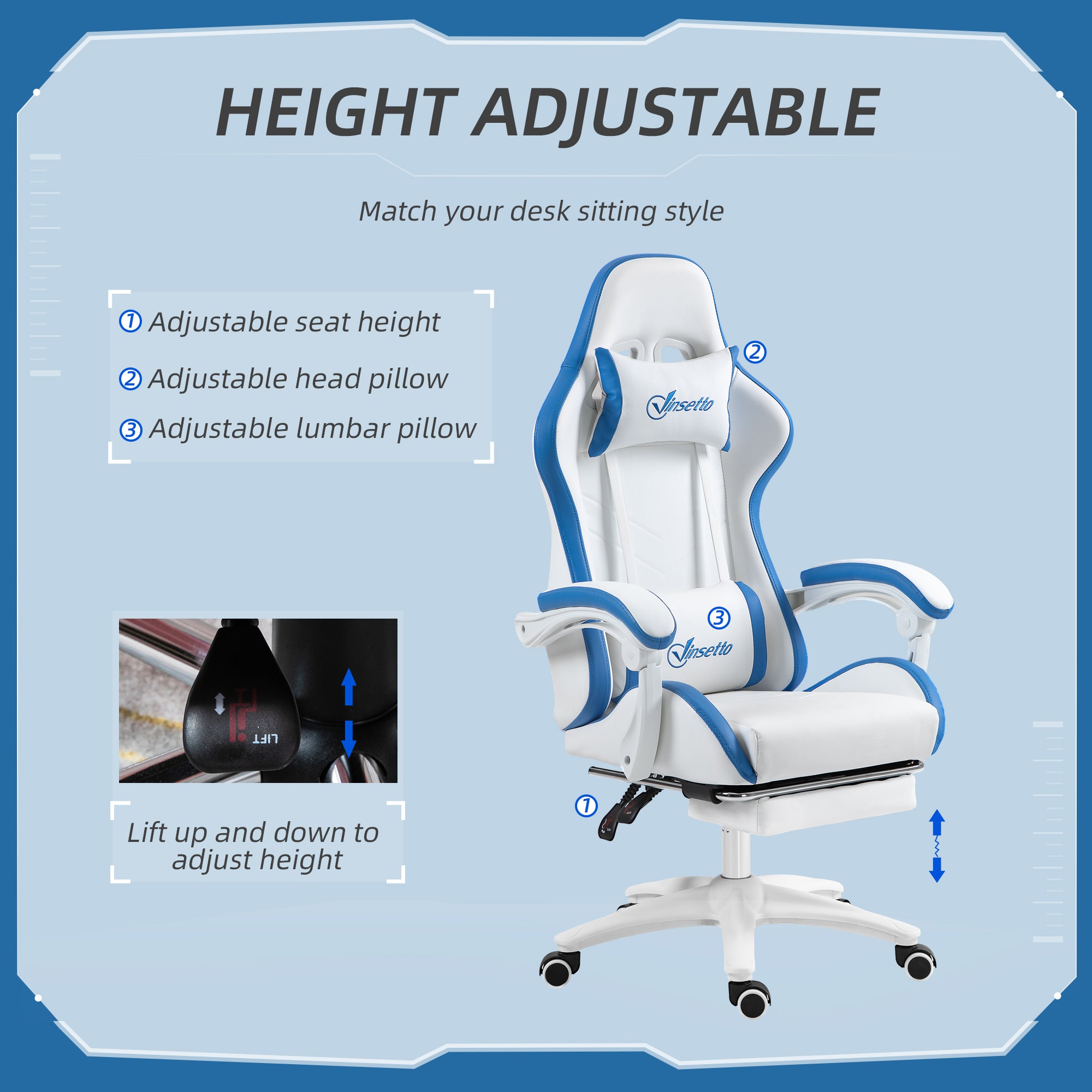 Vinsetto Computer Gaming Chair, PU Leather Office Desk Chair with Footrest, Swivel Wheels, 135√Ç¬∞ Reclining Back, Lumbar Support, Headrest for Home, White and Blue