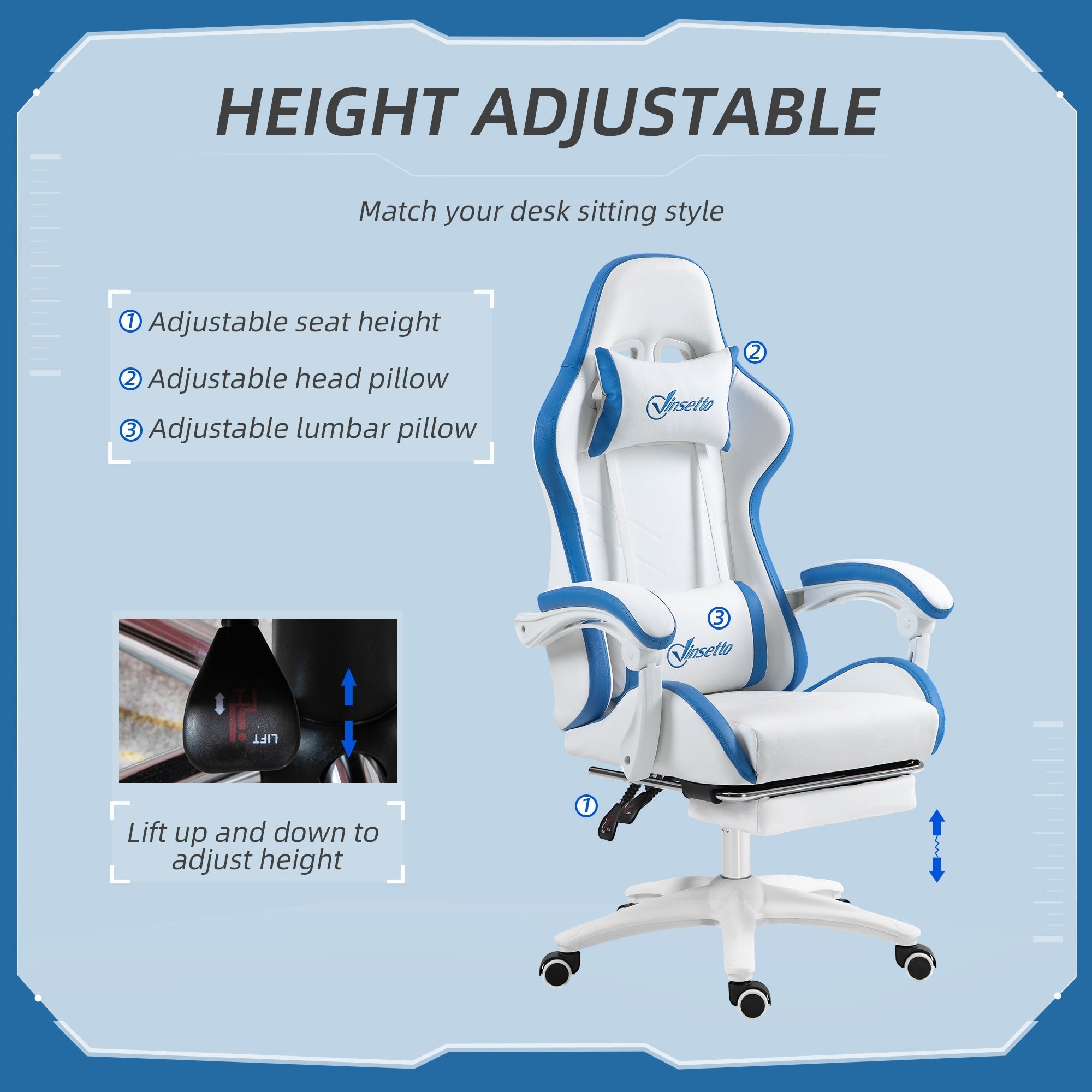Vinsetto Computer Gaming Chair, PU Leather Office Desk Chair with Footrest, Swivel Wheels, 135  Reclining Back, Lumbar Support, Headrest for Home, White and Blue