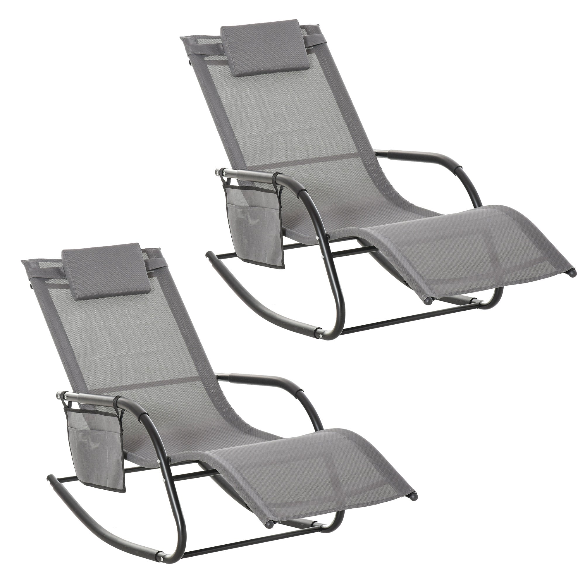 Outsunny 2PCs Outdoor Garden Rocking Chair, Patio Sun Lounger Rocker Chair with Breathable Mesh Fabric, Removable Headrest Pillow, Armrest, Side Storage Bag, Grey