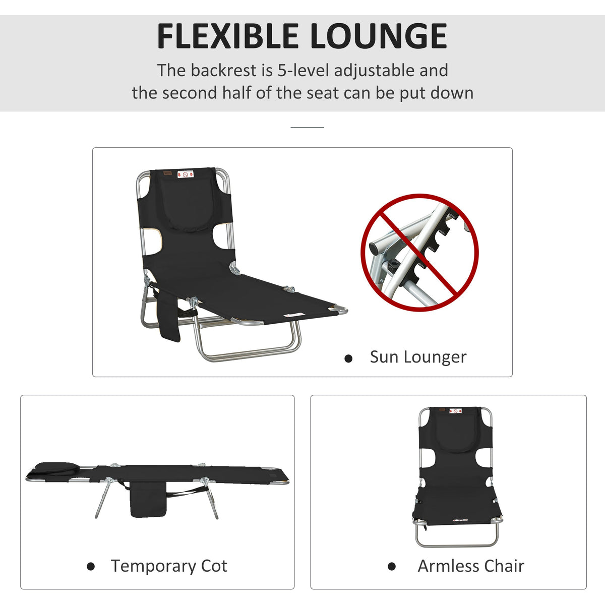Outsunny Foldable Sun Lounger, Beach Chaise Lounge with Reading Hole, Arm Slots, 5-Position Adjustable Backrest, Side Pocket, Pillow for Garden, Beach, Pool, Black